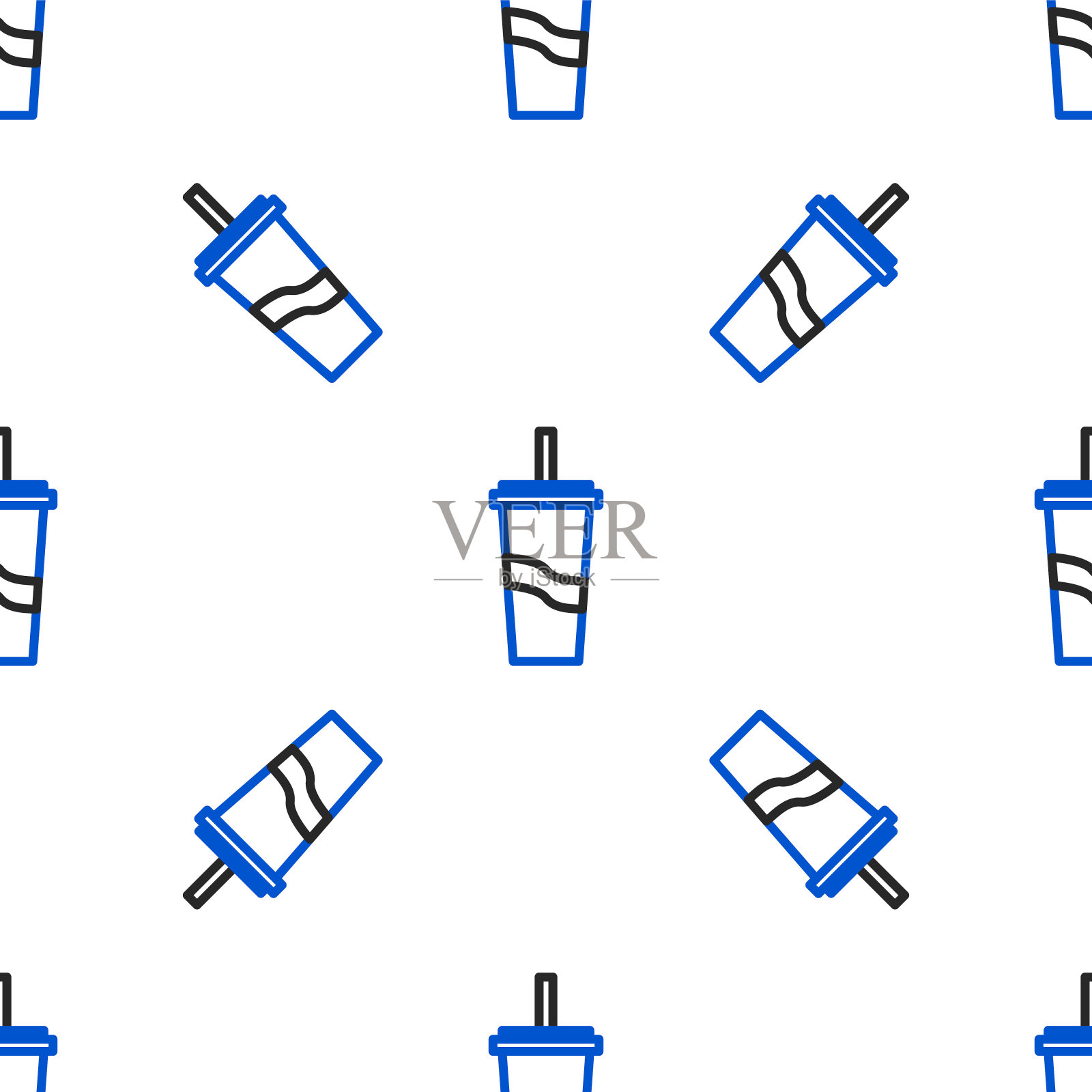 线条纸玻璃与饮用水吸管和水图标隔离无缝模式在白色背景。汽水杯。新鲜冷饮的象征。彩色轮廓概念。向量插画图片素材