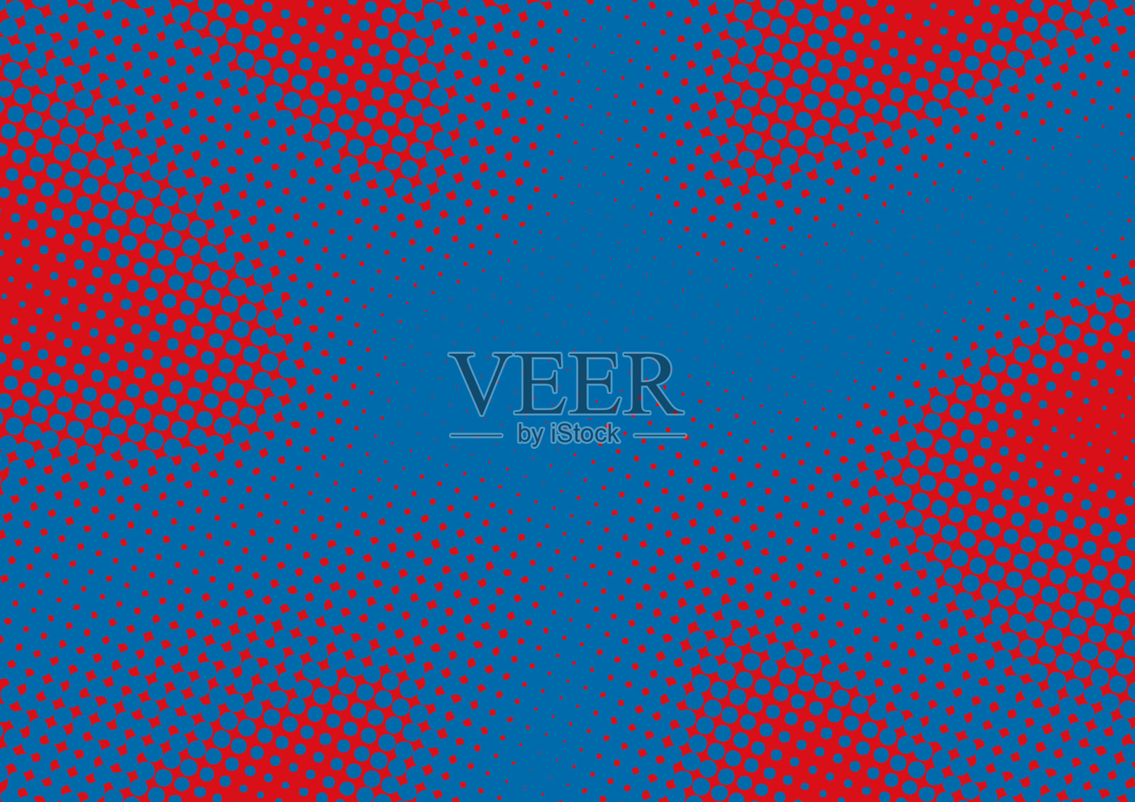 明亮的蓝色点在红色波普艺术漫画背景与半色调效果，矢量插图在复古风格插画图片素材