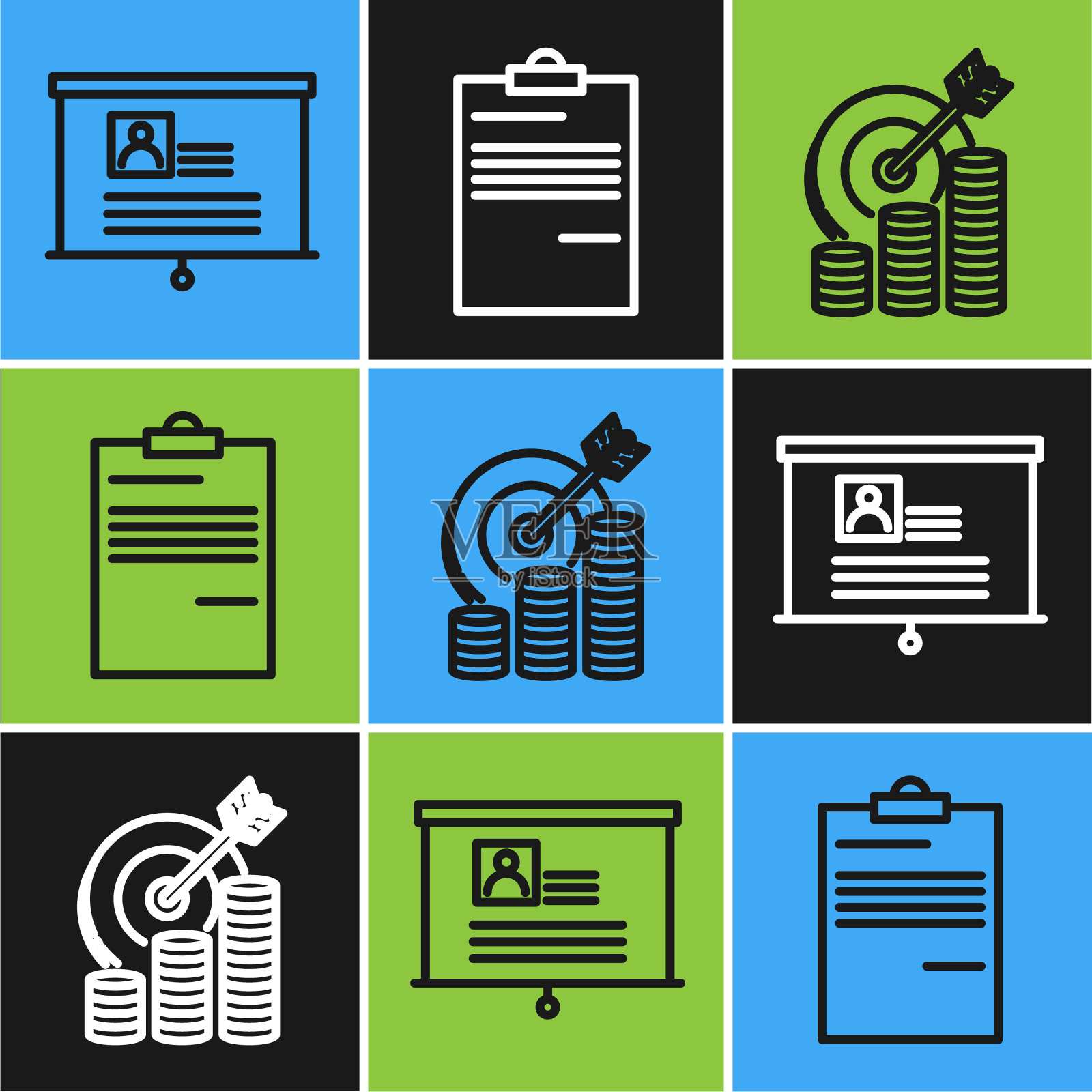 设置行板与简历，目标与硬币符号和文件图标。向量插画图片素材