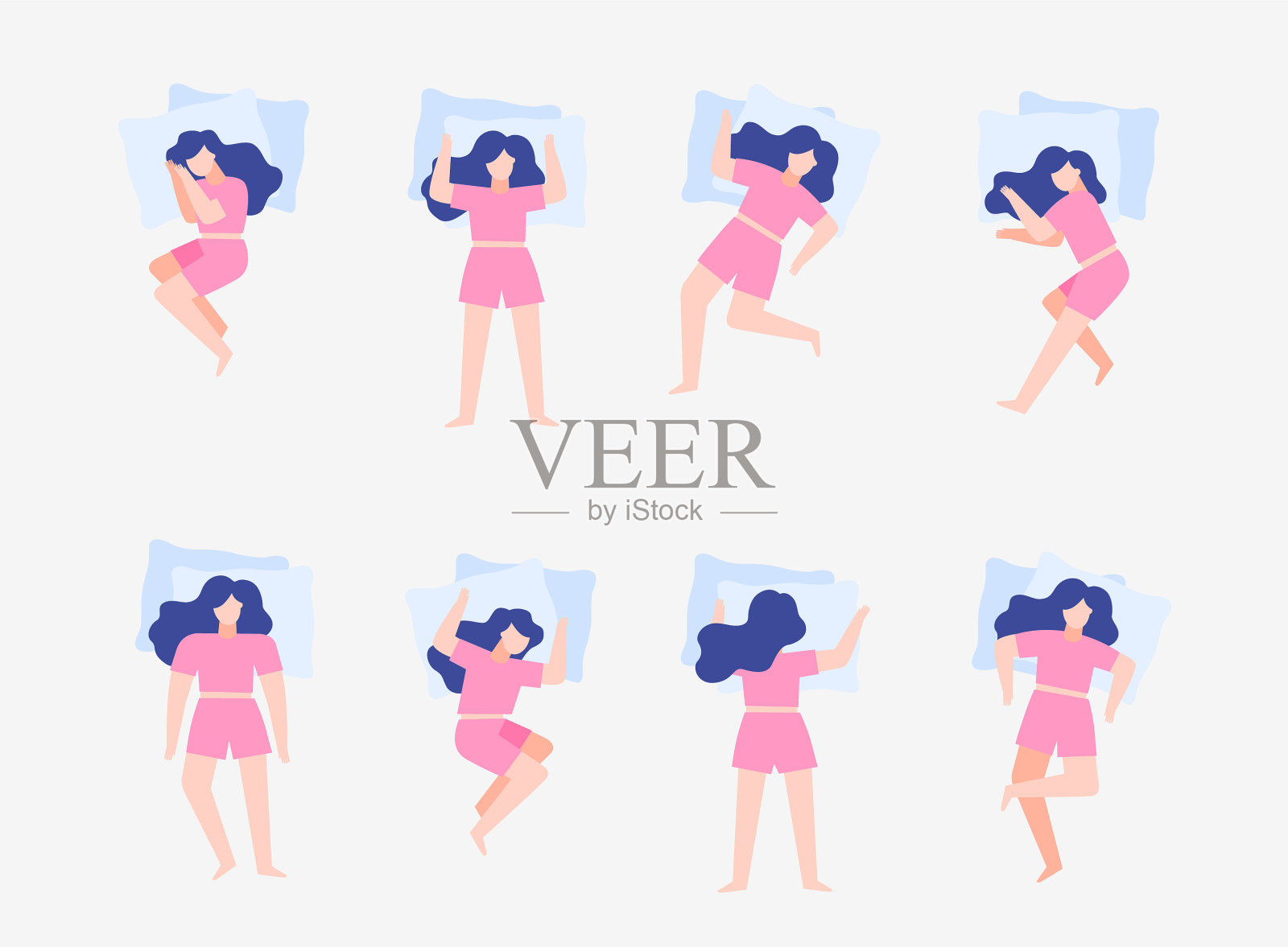 睡女人的姿势设置女孩放松身体插画图片素材