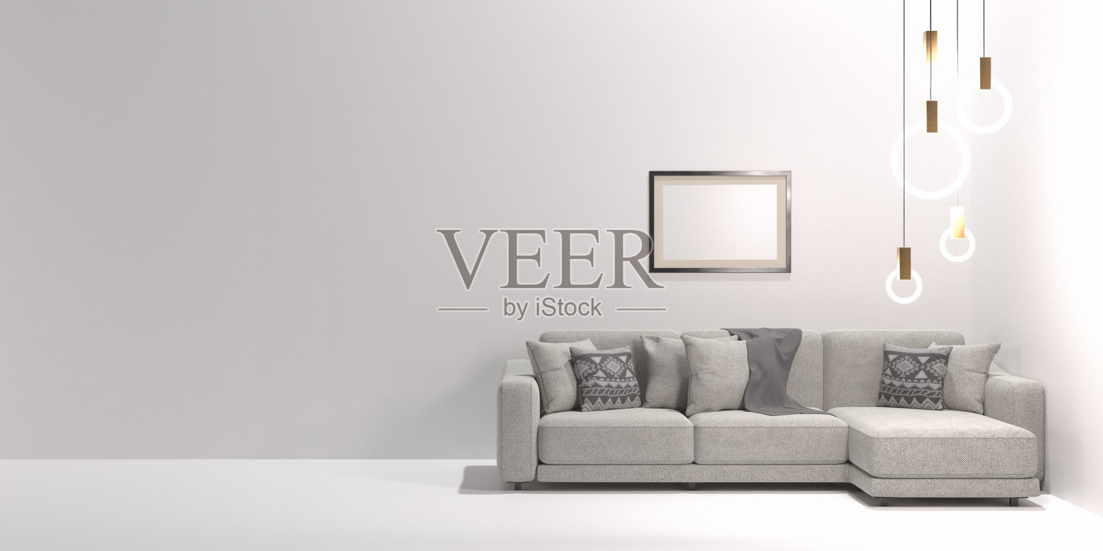 沙发和现代吊灯上的白色墙壁背景横幅，复制空间照片摄影图片