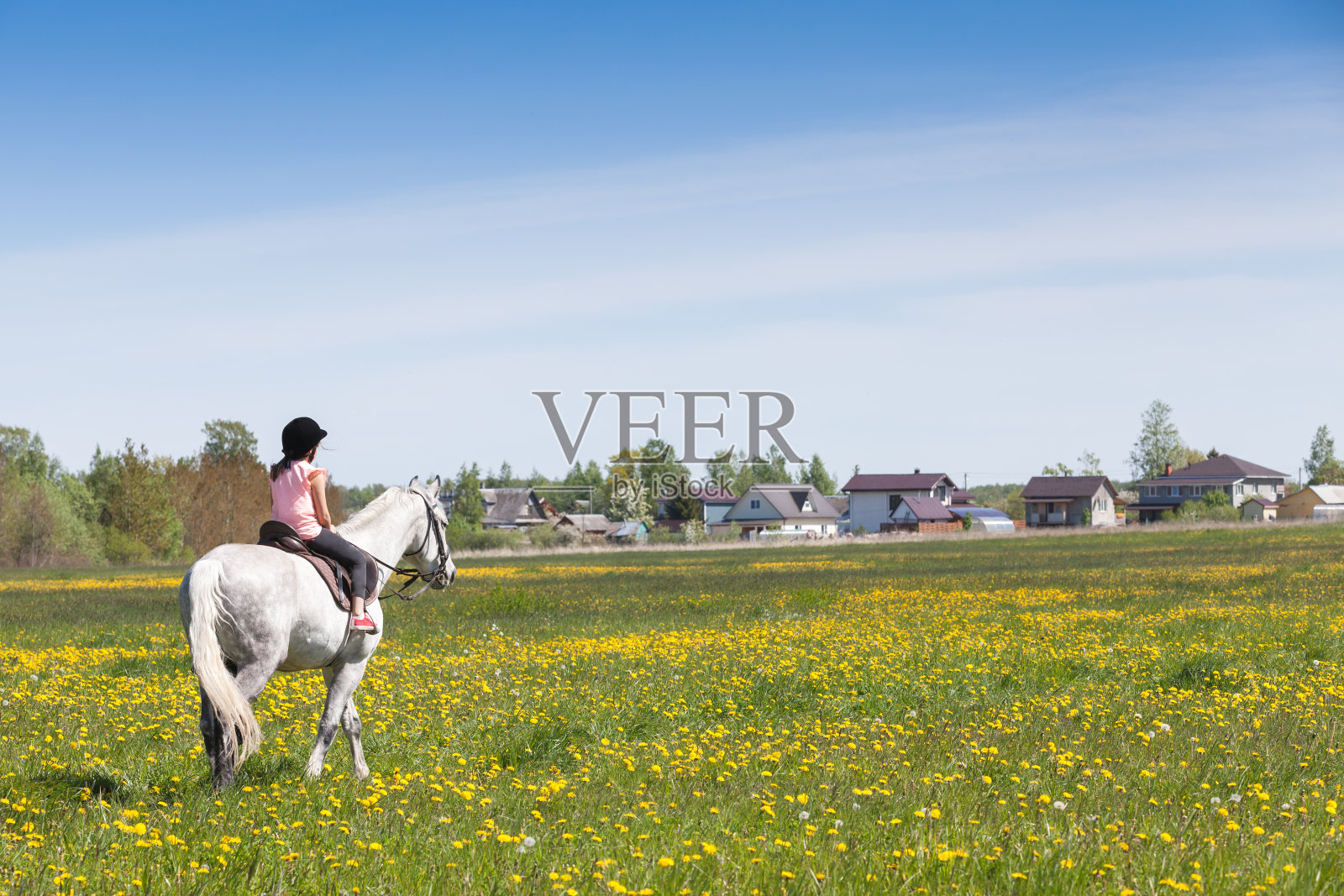 小女孩骑着白马在盛开的草地上照片摄影图片