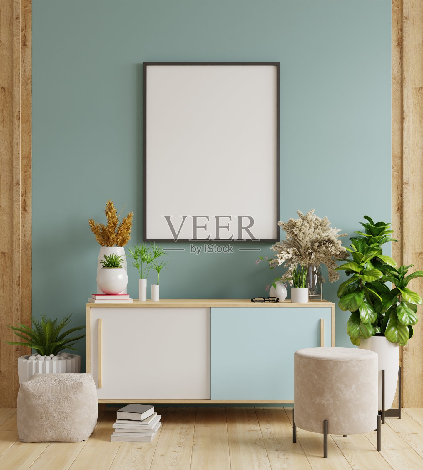 在柜子上模拟海报框架照片摄影图片