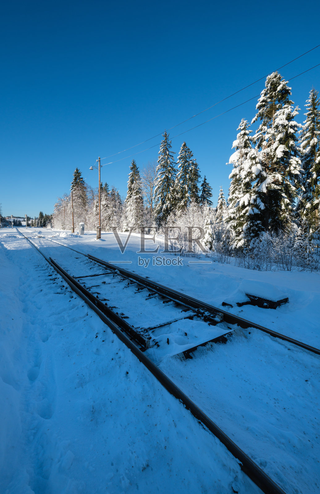 铁路穿过白雪皑皑的冷杉林和遥远的喀尔巴阡山脉，雪堆在路边照片摄影图片