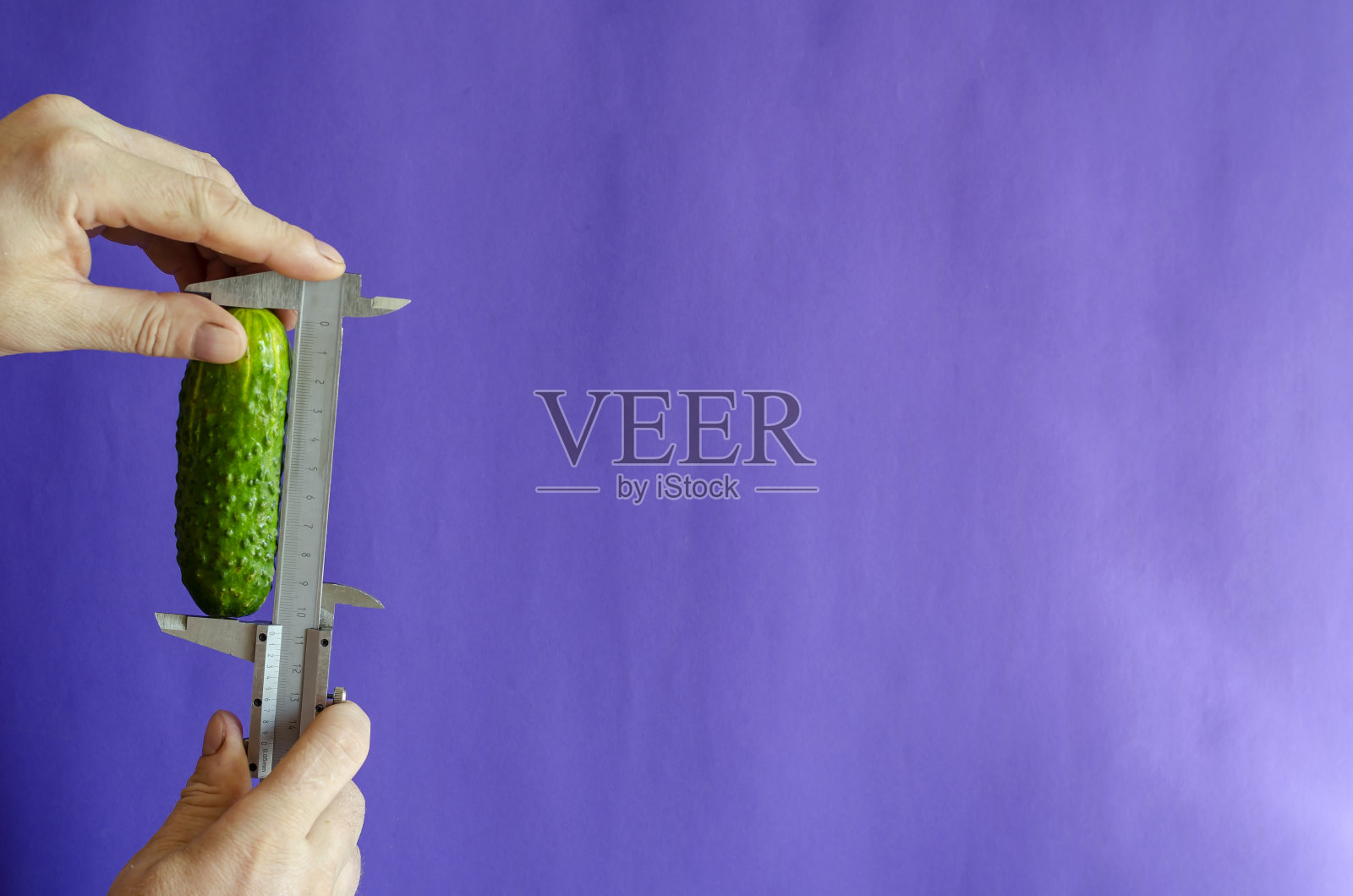 蓝色背景下，拿着卡钳的绿色黄瓜。照片摄影图片