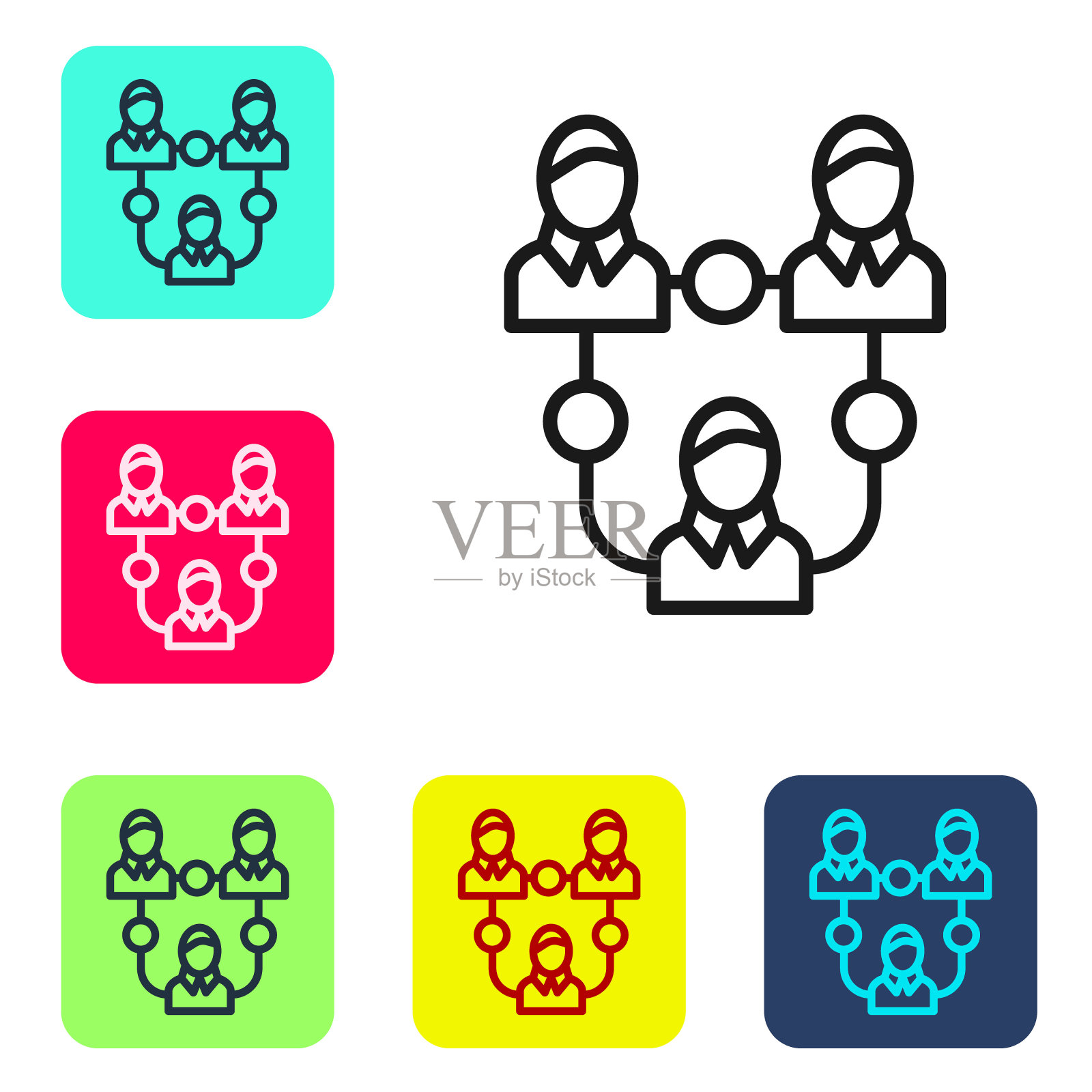 黑线项目团队基地图标隔离在白色背景上。业务分析与规划、咨询、团队合作、项目管理。设置图标的颜色方形按钮。向量图标素材