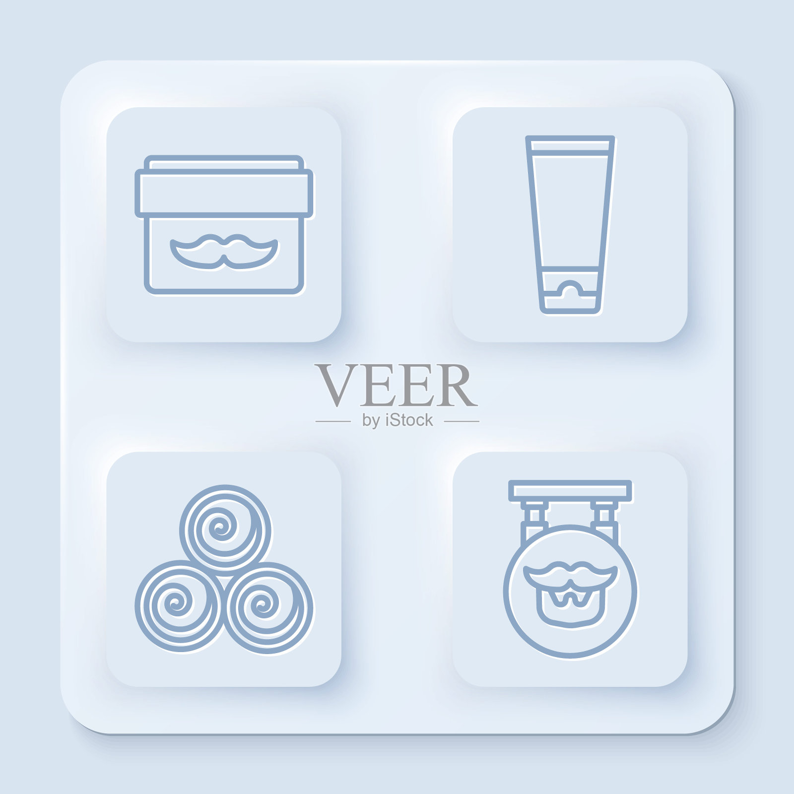 膏霜或乳液化妆品罐，膏霜或乳液化妆品管，毛巾卷和理发店。白色正方形按钮。向量插画图片素材