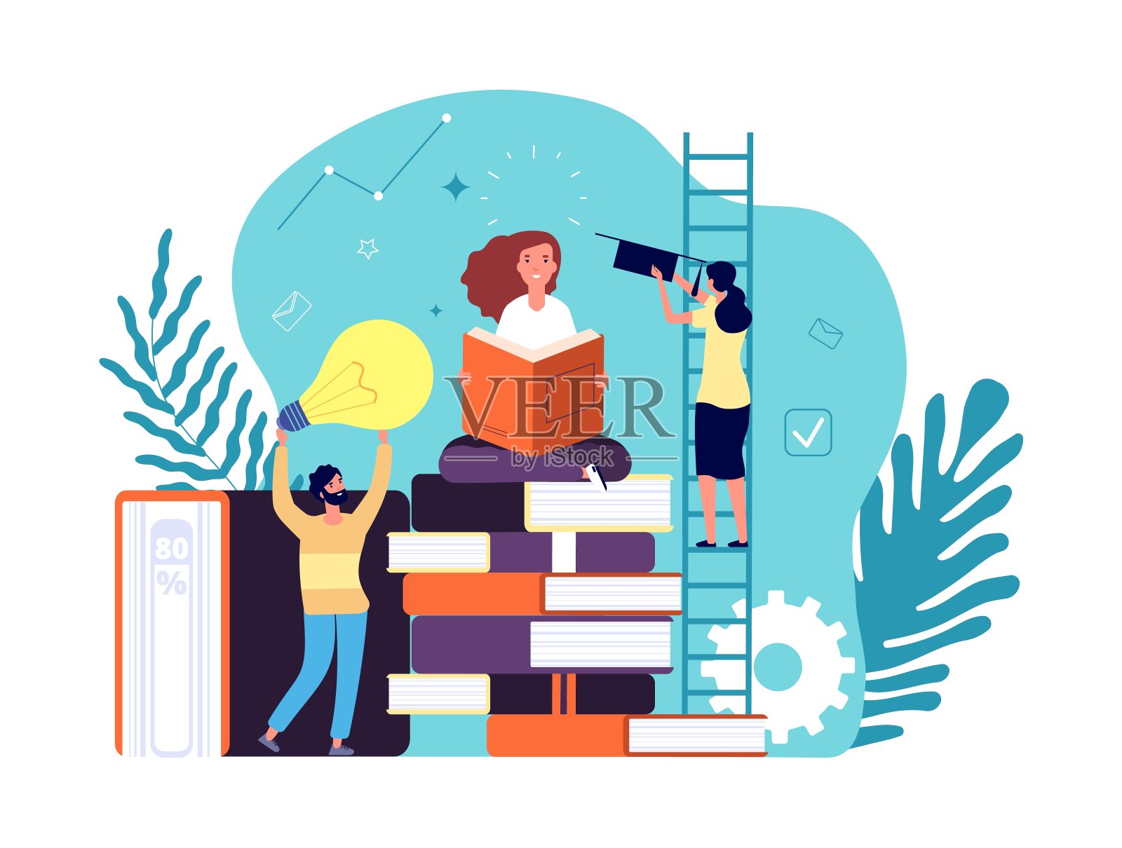 高中毕业。女孩正在完成她的学业。获得新知识，自我教育。快乐的女人与书矢量插图插画图片素材