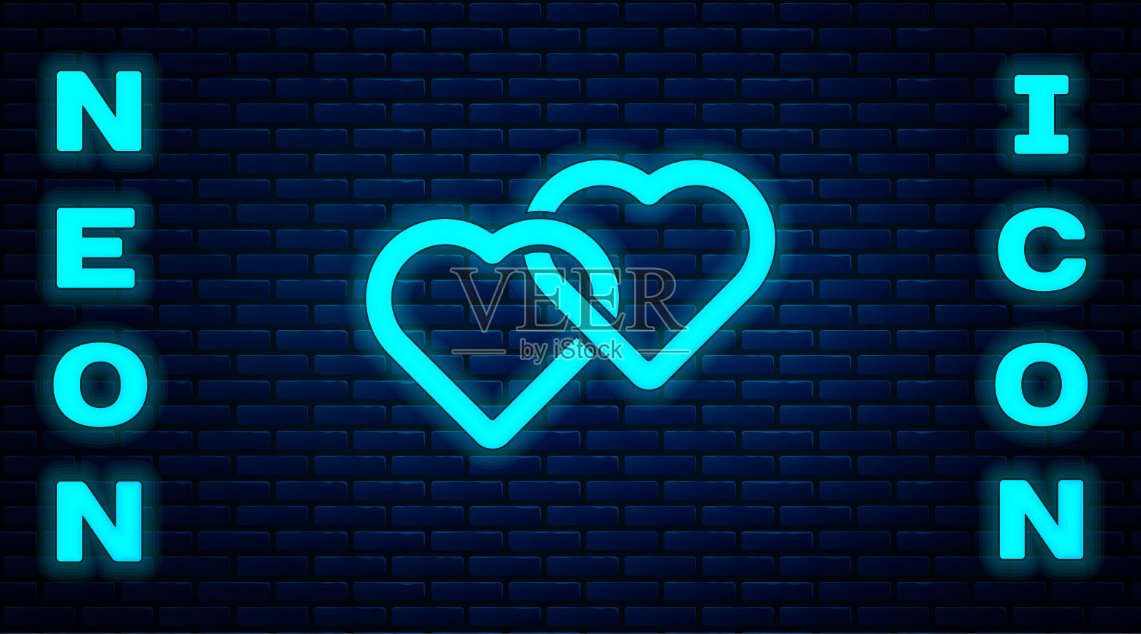 发光的霓虹灯两连心图标孤立在砖墙的背景上。浪漫象征着联系、结合、激情和婚礼。情人节的象征。向量插画图片素材