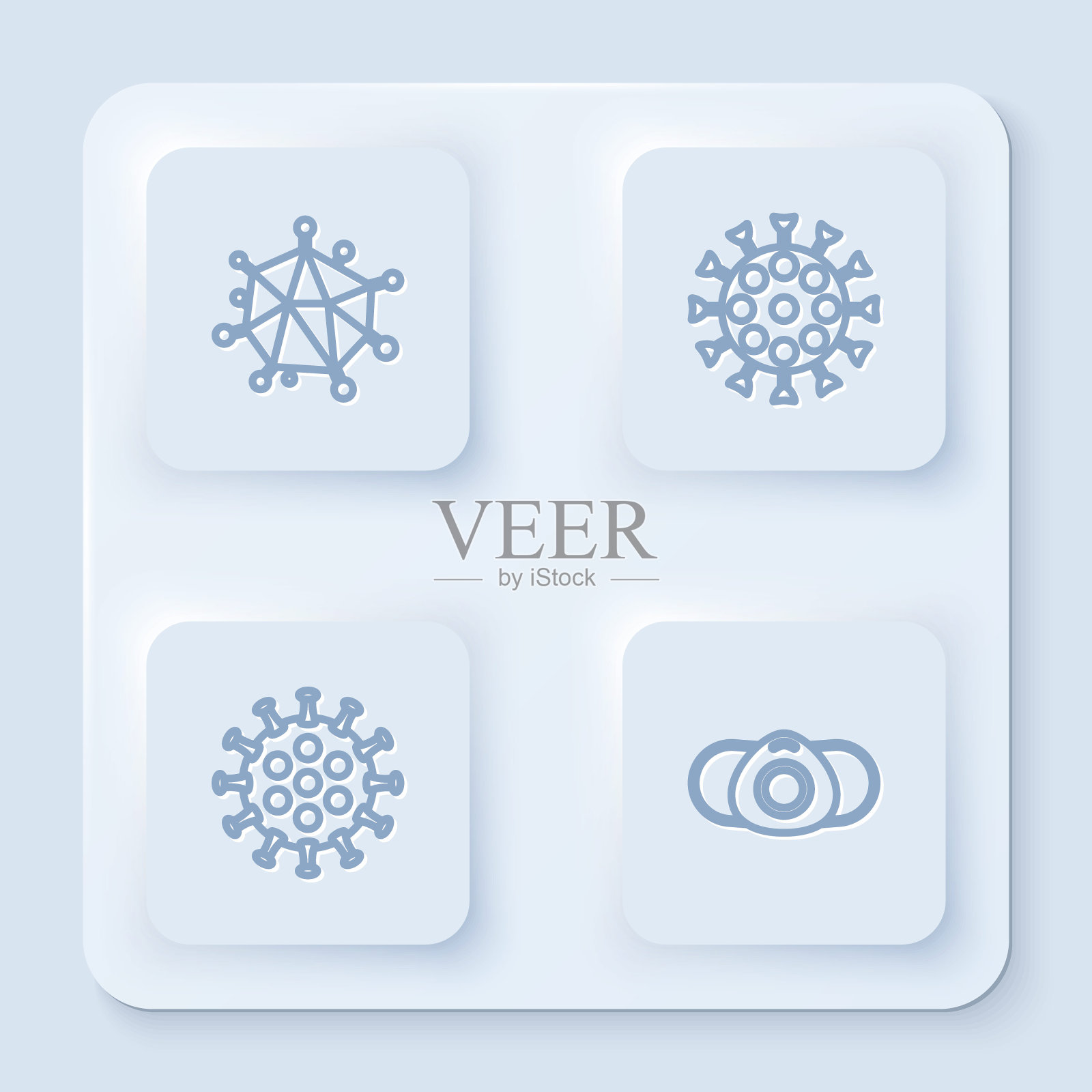 设置行病毒、、和医用防护口罩。白色方形按钮。向量图标素材