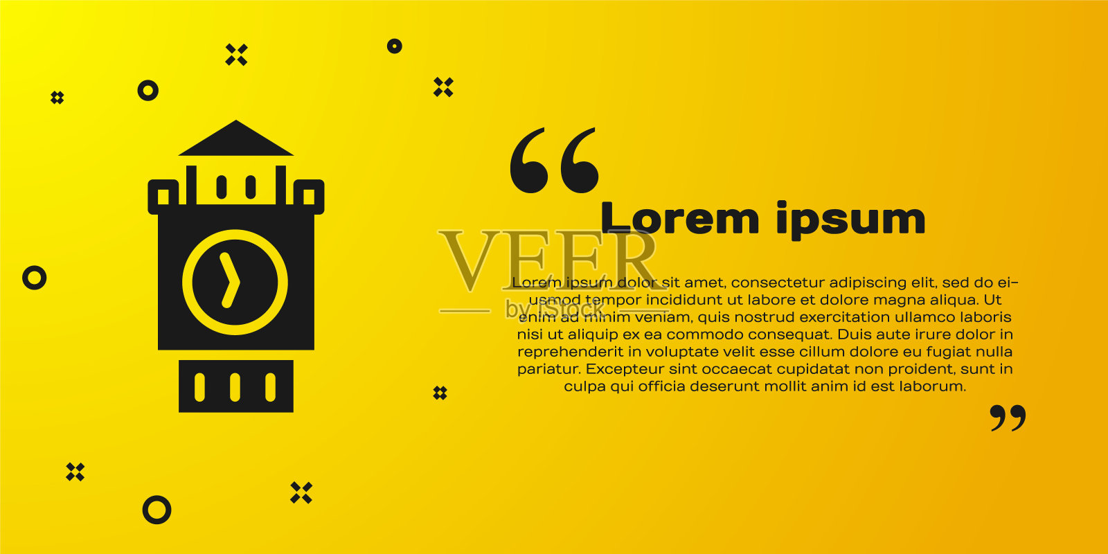 黑色大本钟塔图标孤立在黄色背景。伦敦和英国的象征。向量设计模板素材