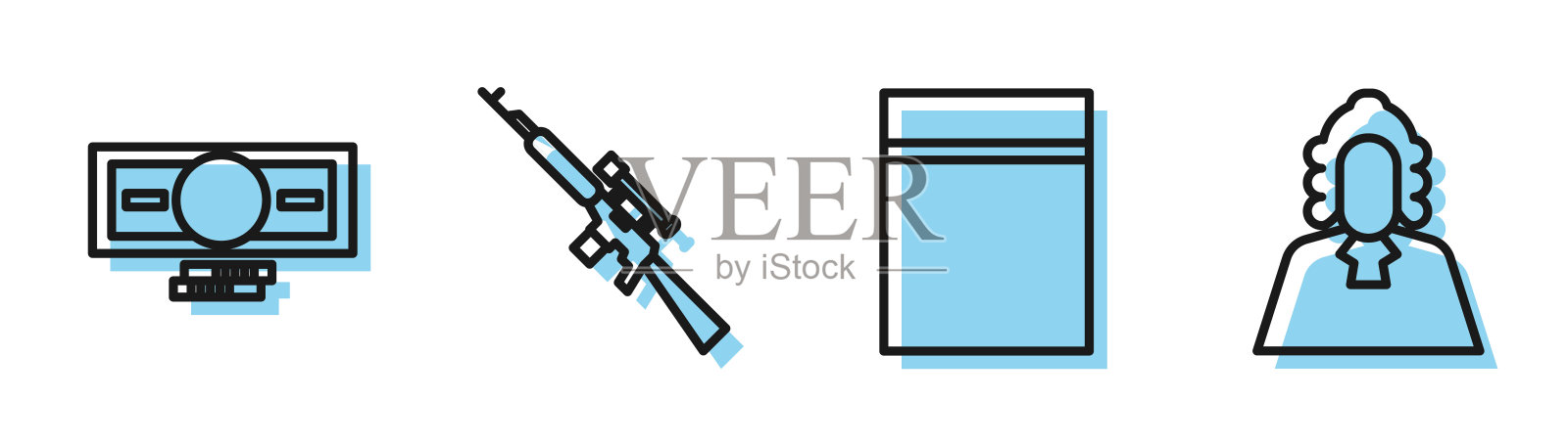 带拉链的塑料袋、成堆纸币、带瞄准镜的狙击步枪和法官矢量图标插画图片素材