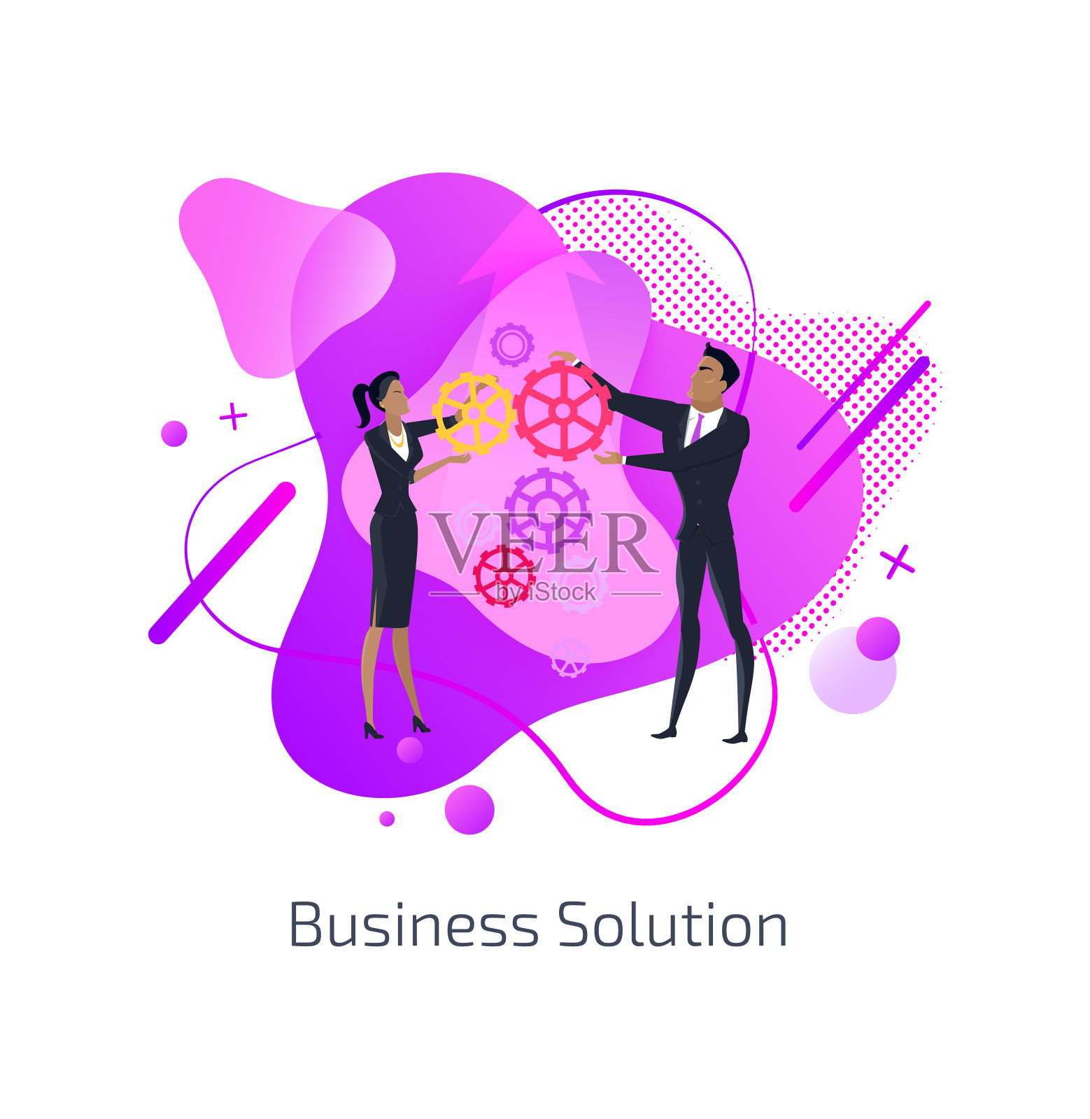 商业解决方案男人和女人团队合作齿轮插画图片素材