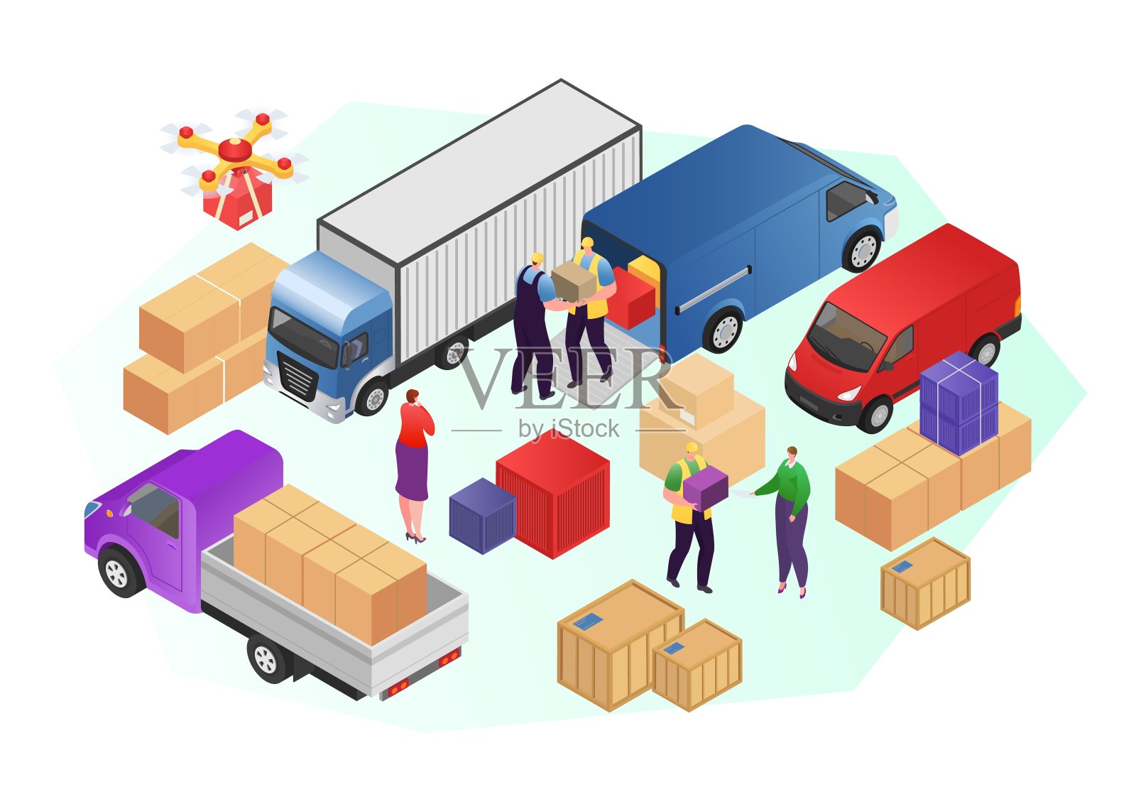 货物服务人员在物流配送业务，矢量插图。扁平包装盒，卡通装运设计。插画图片素材
