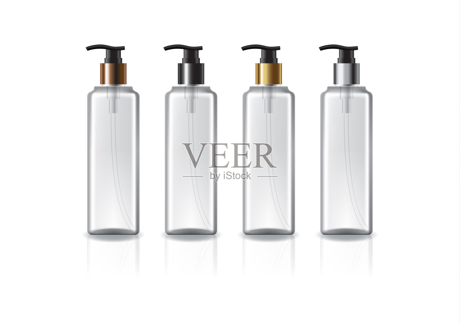 透明方形化妆品瓶与4种颜色泵头美容，健康的产品。孤立在白色背景与反射阴影。可用于包装设计。矢量插图。插画图片素材