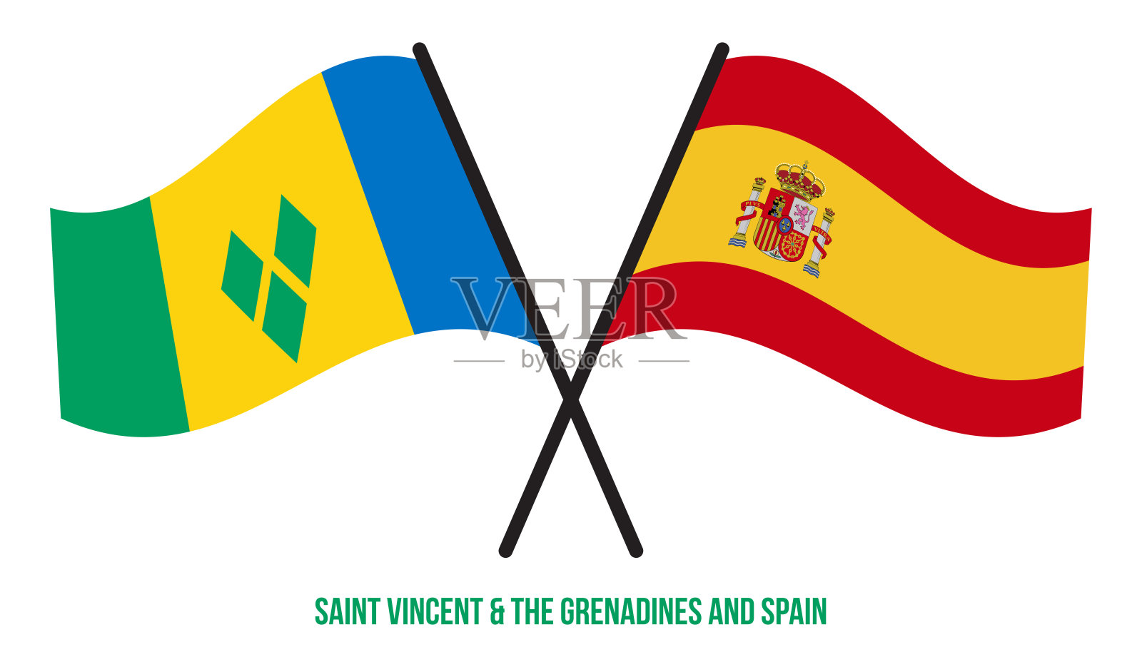 圣文森特和格林纳丁斯和西班牙国旗交叉和挥舞的风格。官方的比例。插画图片素材