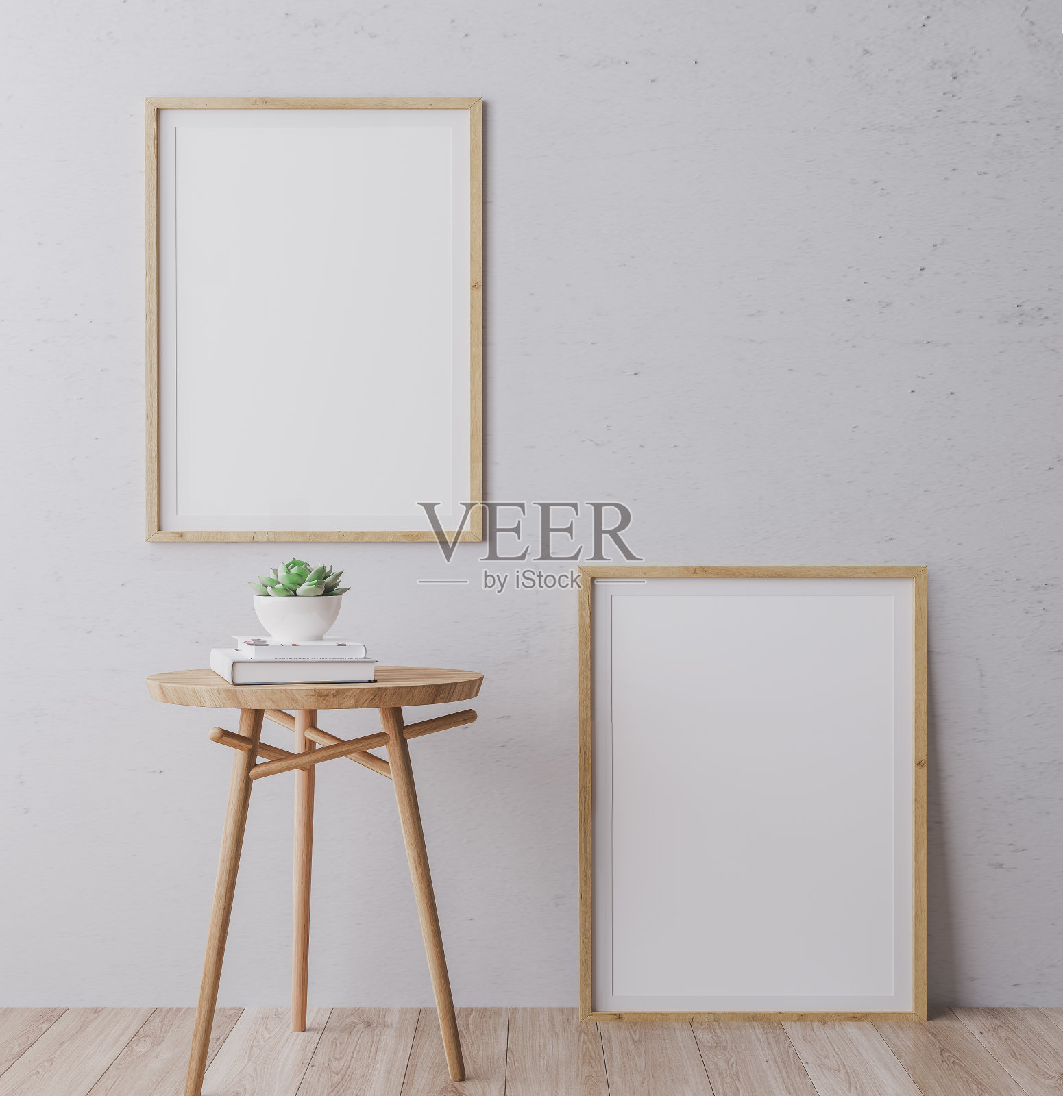 斯堪的纳维亚室内海报模型与垂直木框架在灰色的墙壁背景，框架模型照片摄影图片