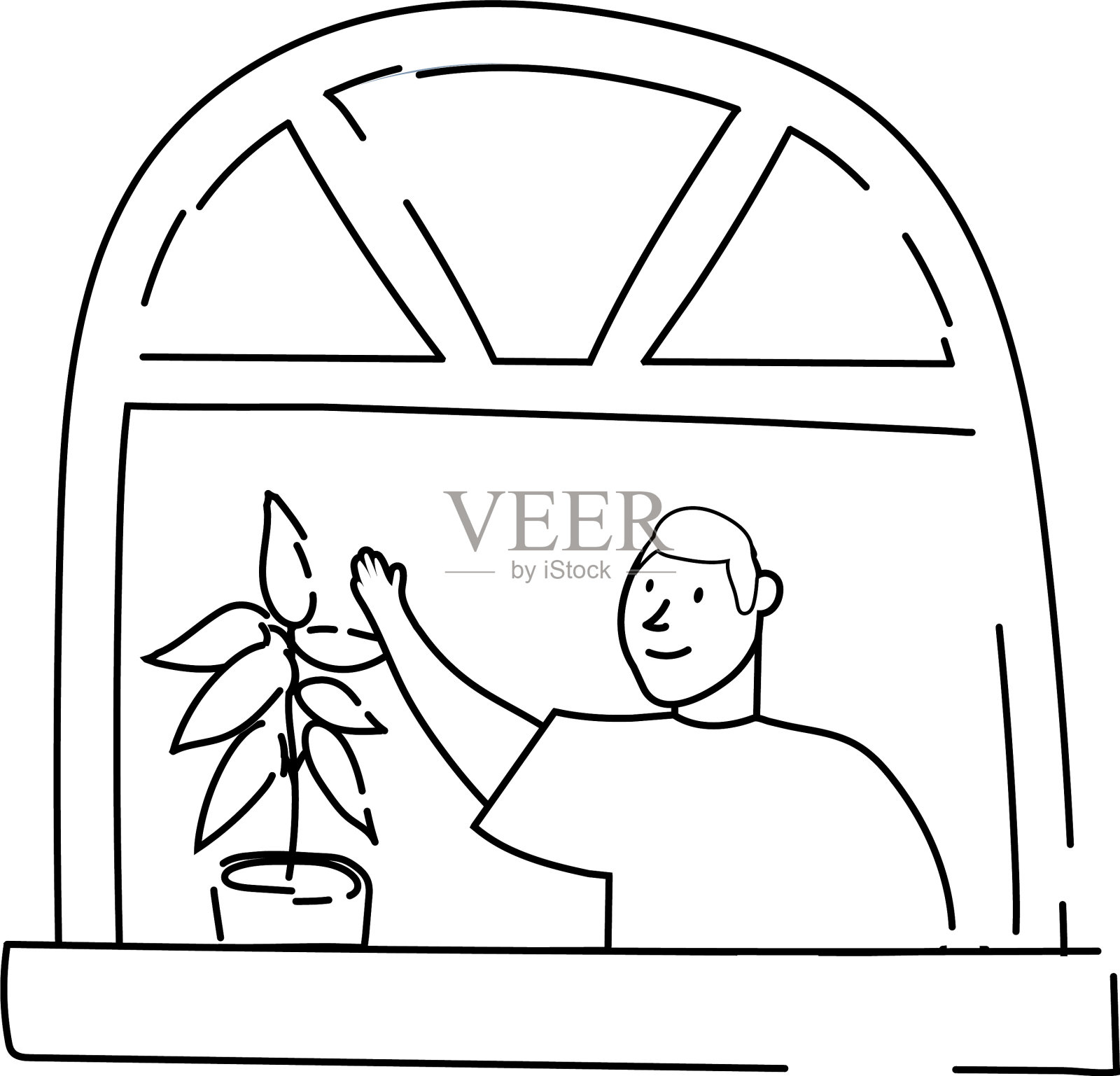 非洲裔男子在公寓窗口招手要求隔离设计元素图片