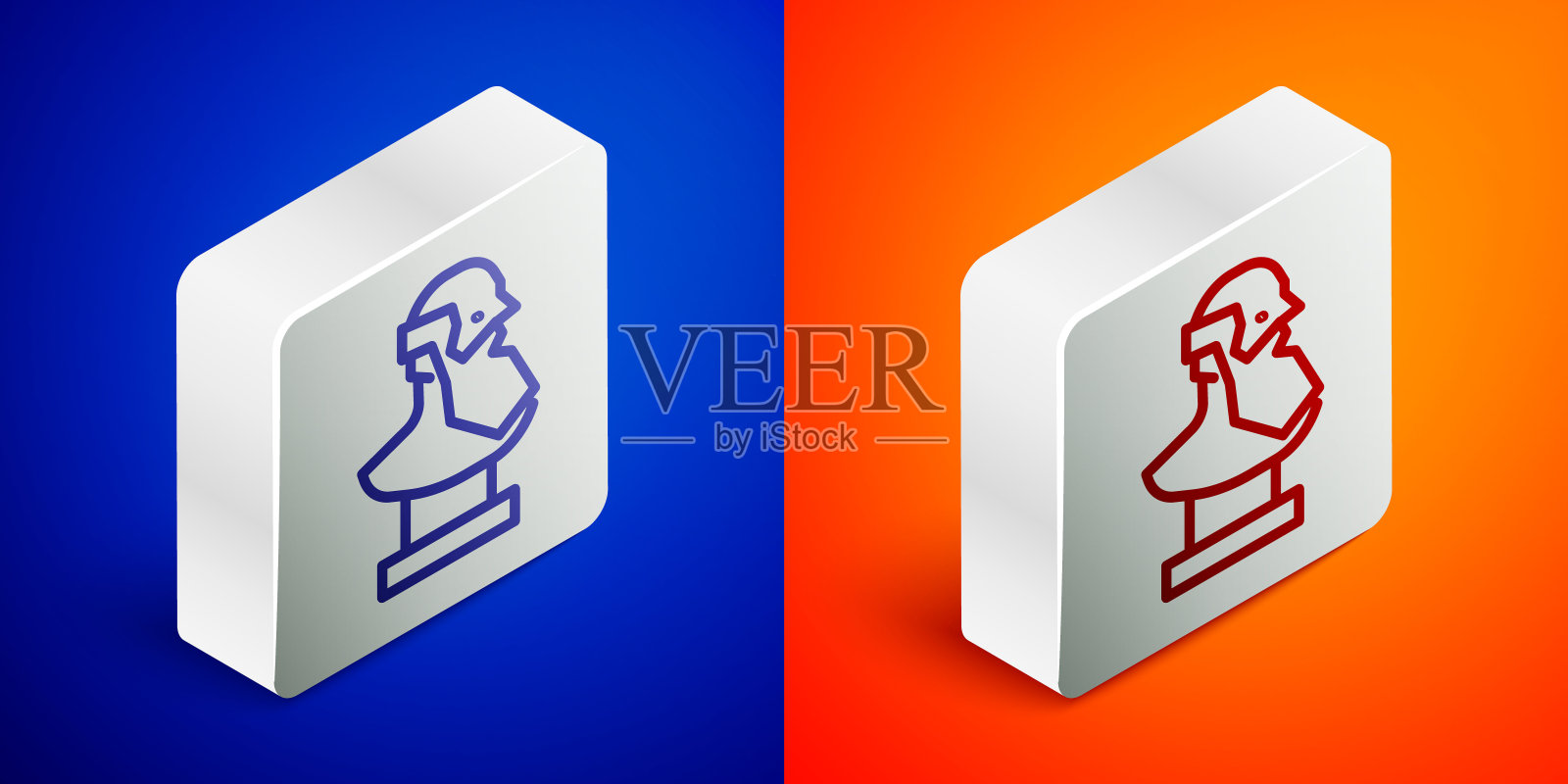 古代半身像图标孤立在蓝色和橙色的背景上。银广场按钮。向量图标素材