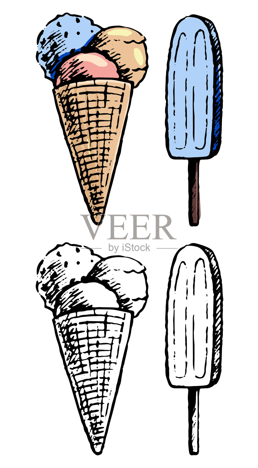 手绘矢量插图。一套轮廓和彩色图纸孤立在白色。可爱的冰淇淋，夏日的糖果。涂鸦元素的设计，印刷，卡片，贴纸。复古、素描、写实风格。插画图片素材