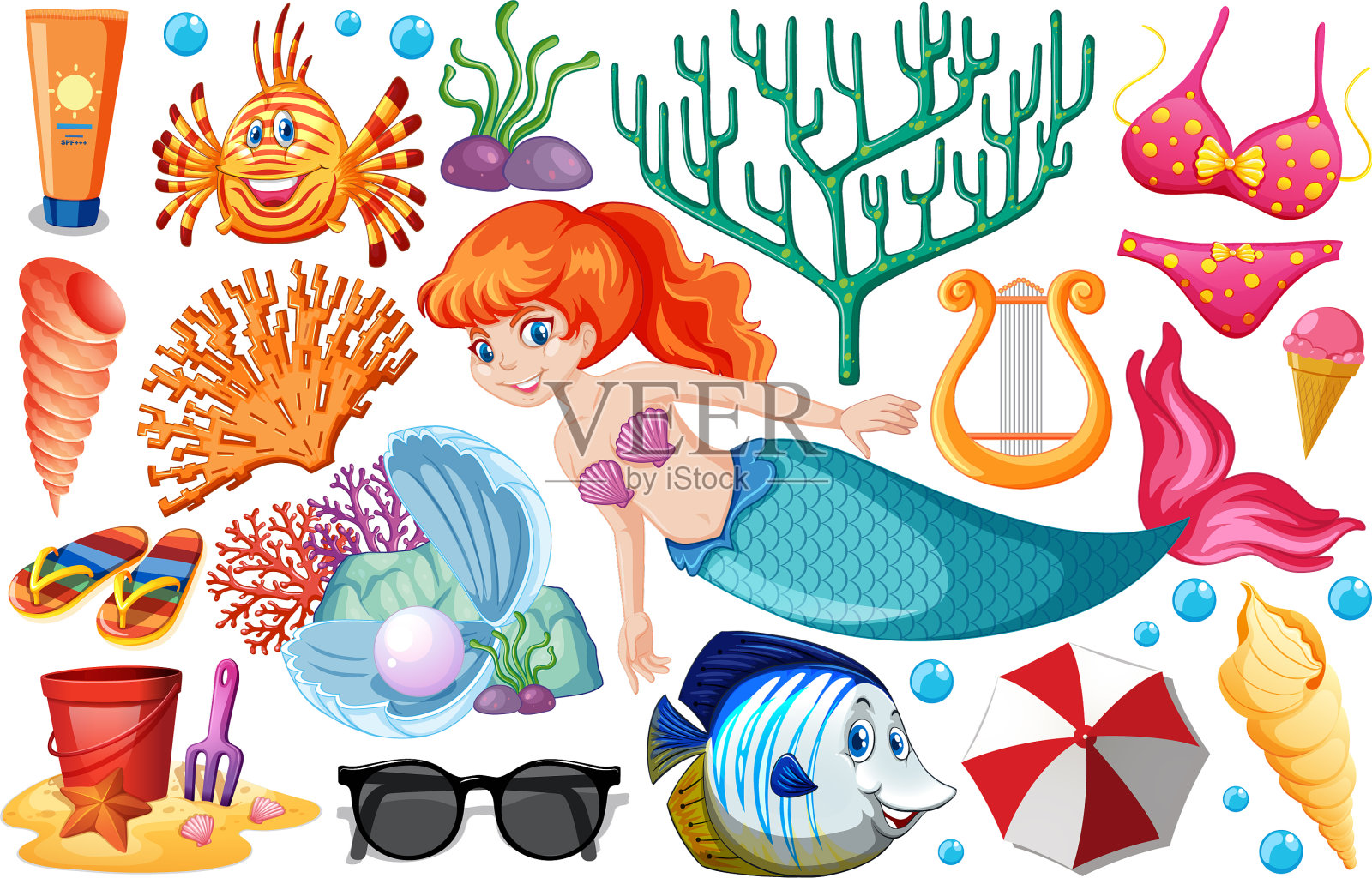 设置美人鱼和夏季图标卡通在白色设计元素图片