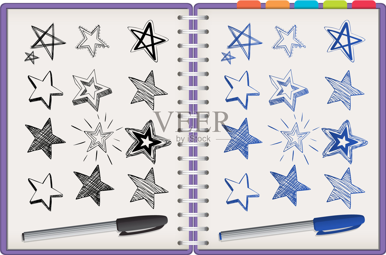 许多星星孤立在白色的紫色笔记本上插画图片素材