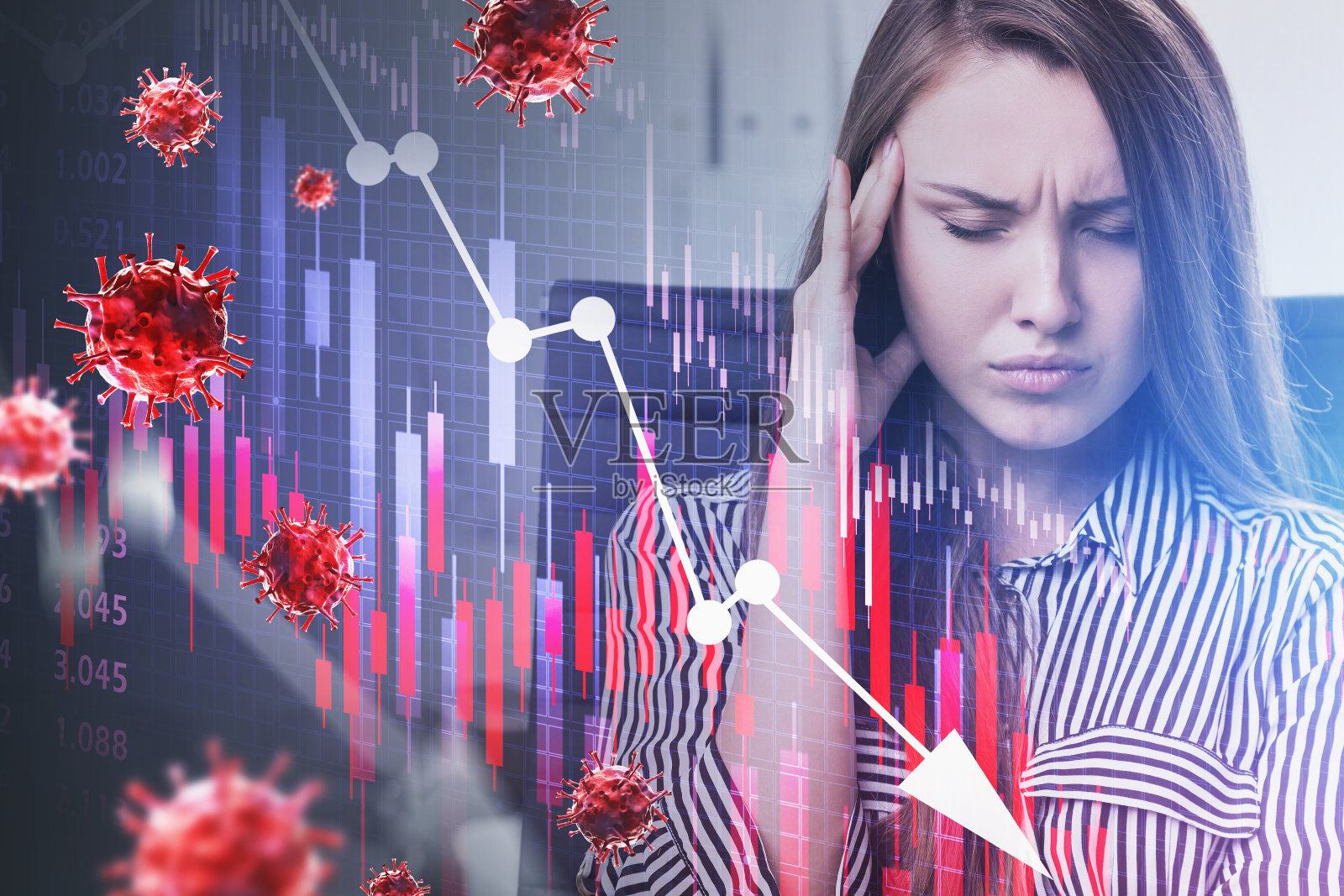 压力女性，冠状病毒下降图表照片摄影图片