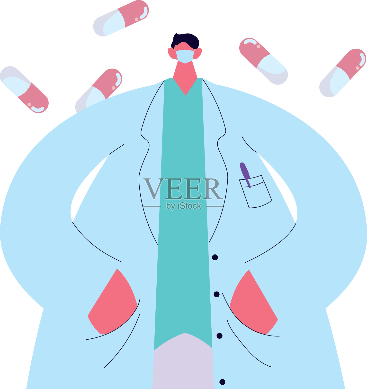 医生穿着医疗制服，带口罩和药品插画图片素材