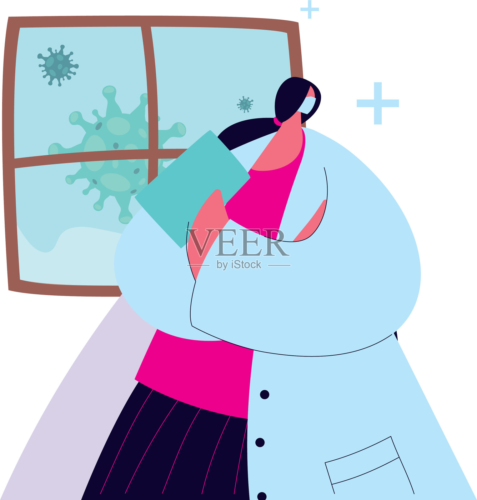 女医生戴口罩，穿长袍预防插画图片素材