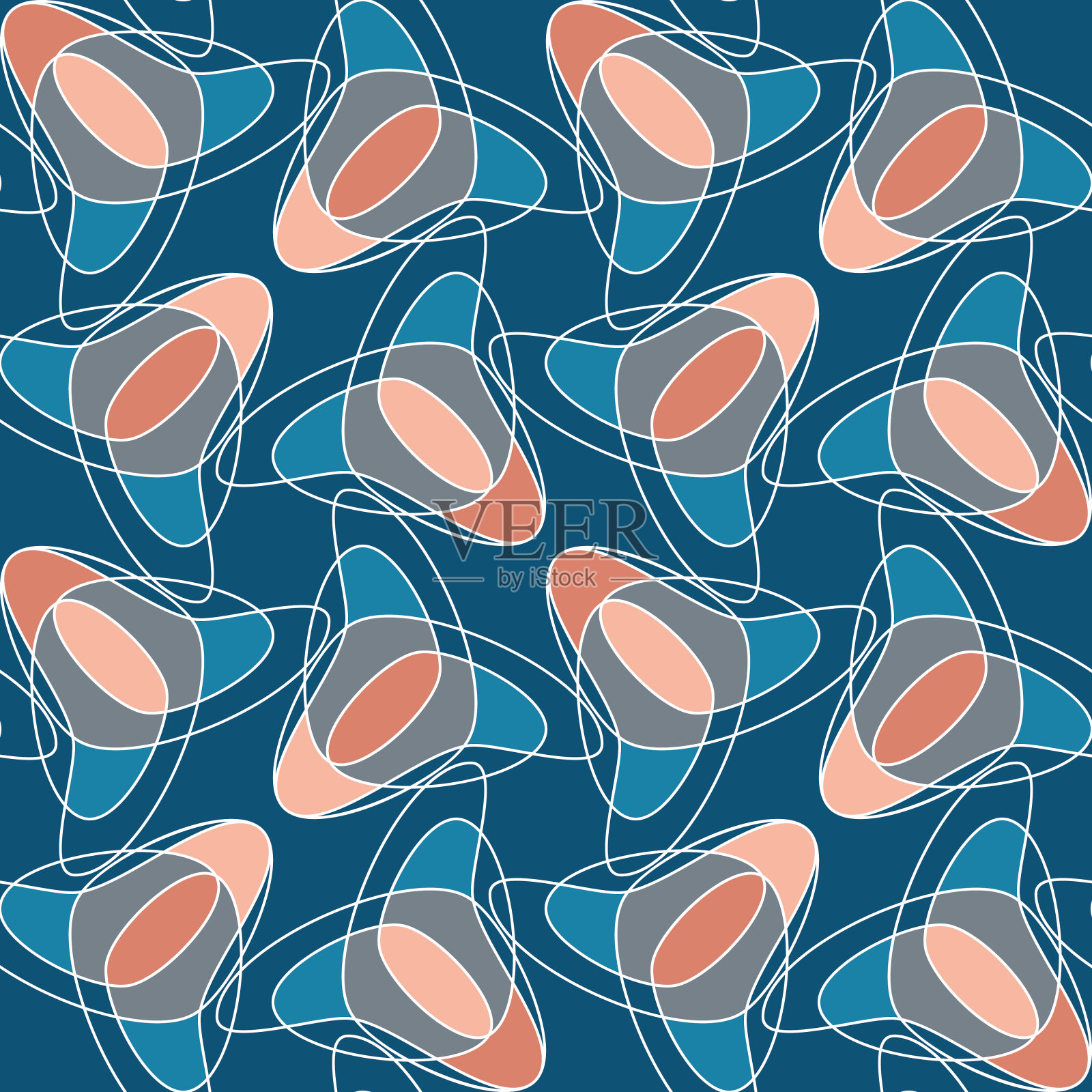 向量抽象郁金香无缝模式。有规律的重复形状的花突出的白色线结构在复古风格。插画图片素材