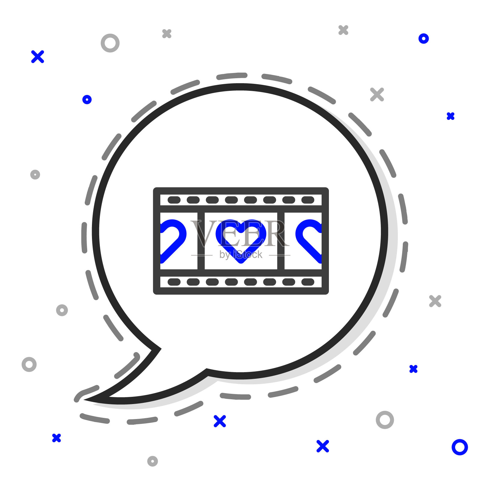 线播放视频与心脏图标隔离在白色背景。薄膜带标志。色彩斑斓的轮廓的概念。向量插画图片素材