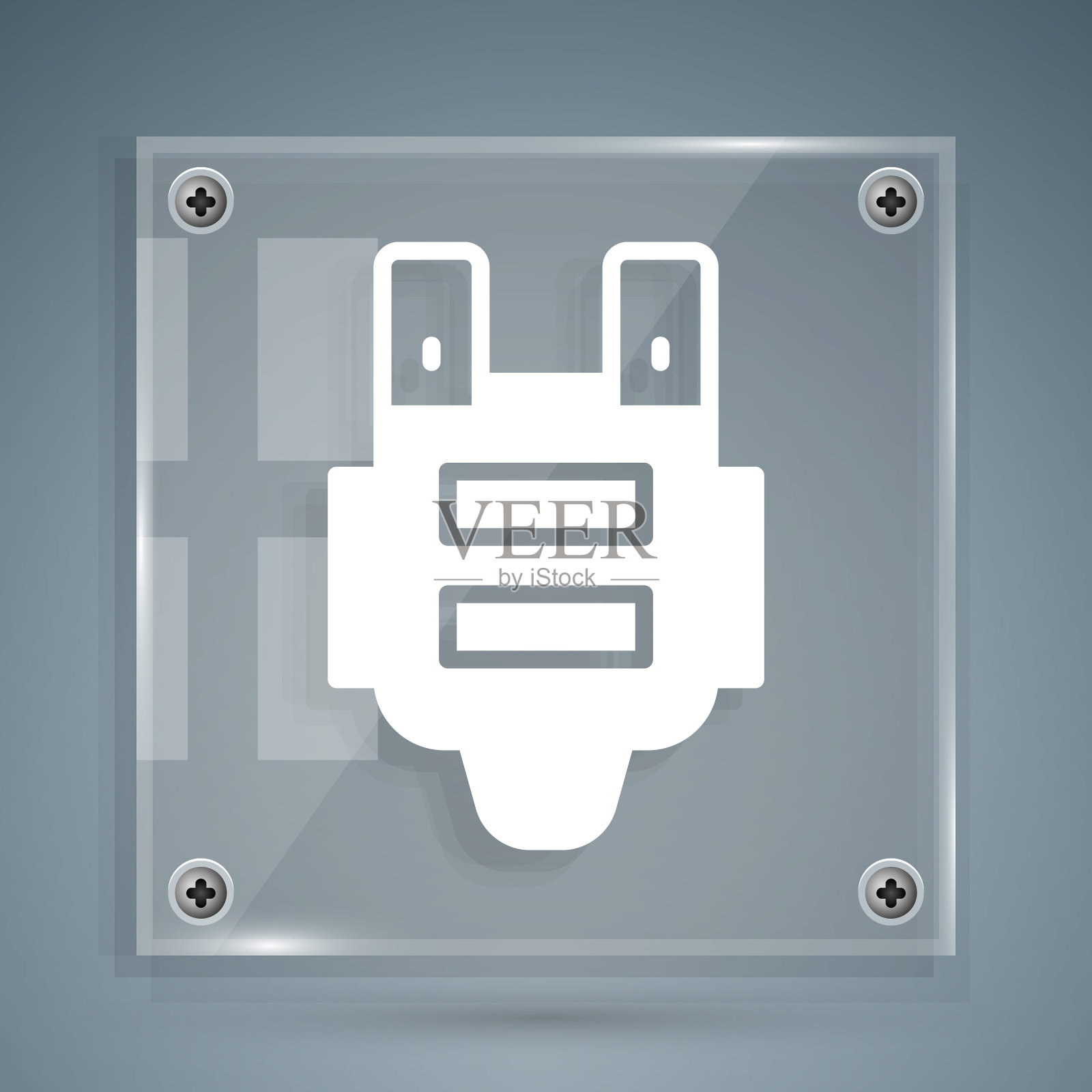 白色防弹背心图标，灰色背景，身体盔甲标志，军用服装，方形玻璃面板，矢量图图标素材