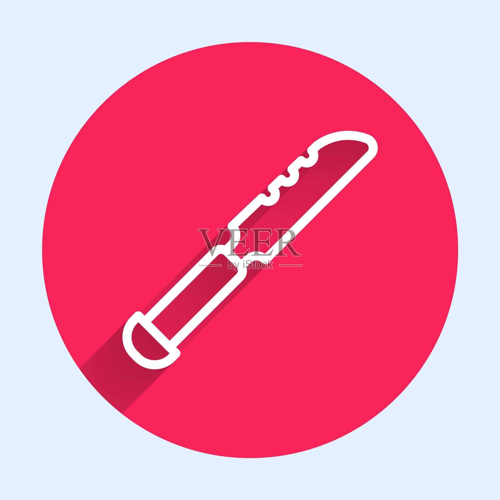 白线面包刀图标孤立与长影子。餐具的象征。红色圆圈按钮。向量插画图片素材