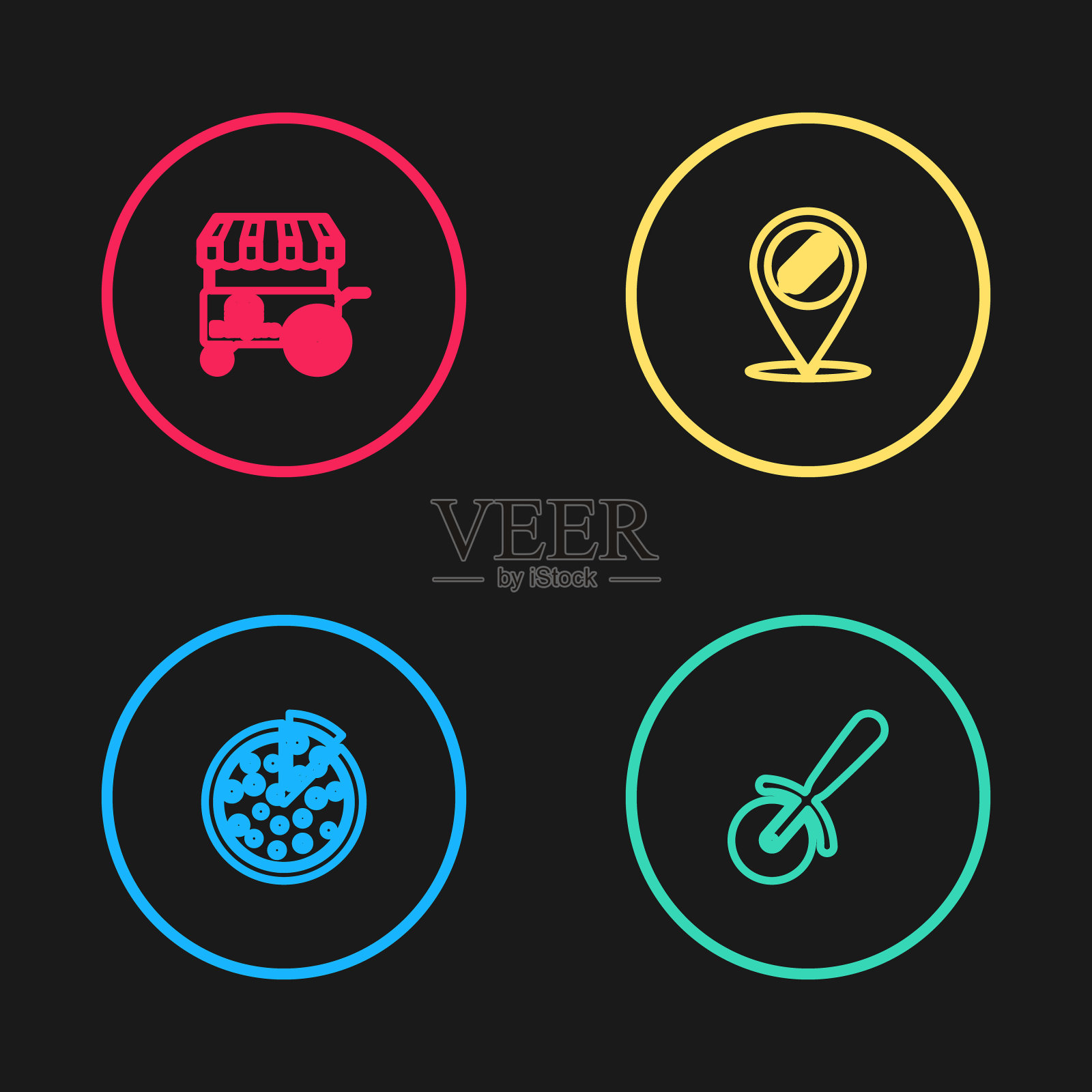 Set line Pizza, knife, Location with hotdog and Fast street food cart图标。向量图标素材