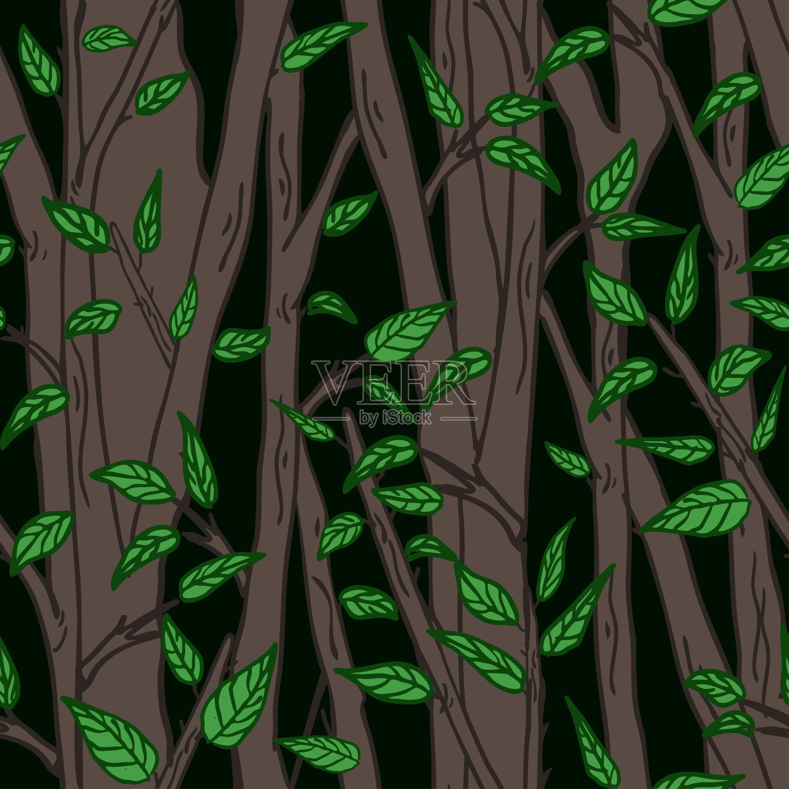 无缝矢量模式与树的轮廓在黑色的背景。简单的森林墙纸设计与绿叶。暗枝时尚纺织品。插画图片素材