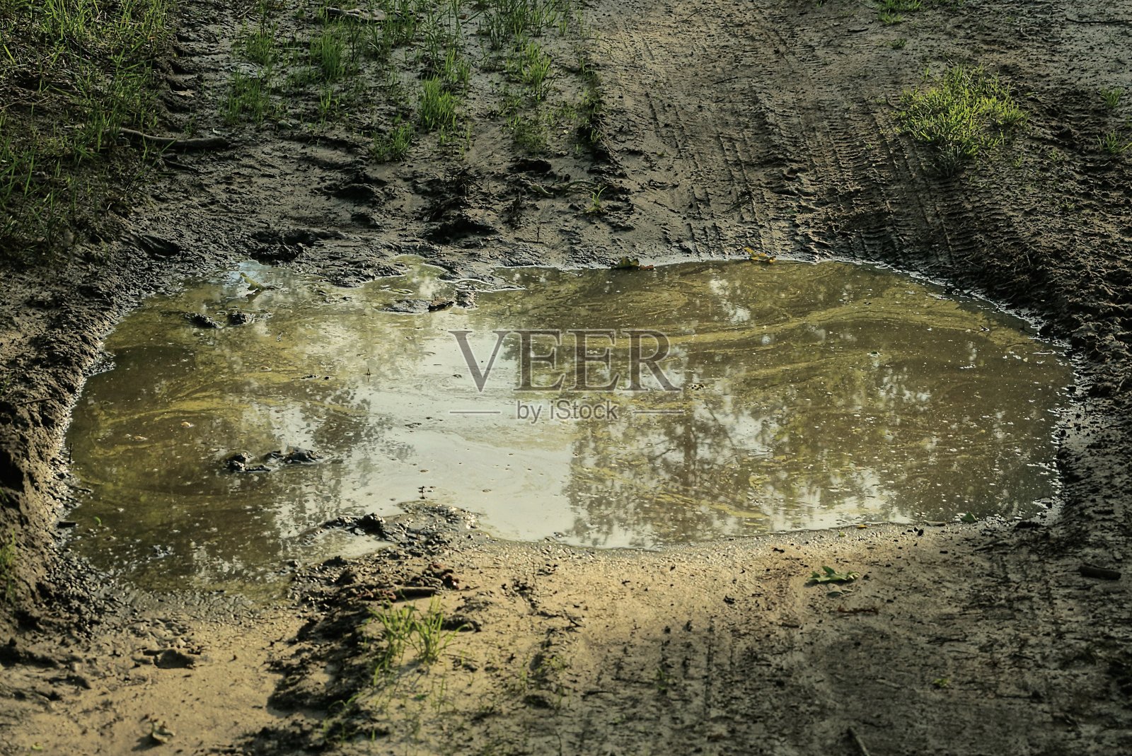外面有一个很大的棕色泥泞的水坑照片摄影图片