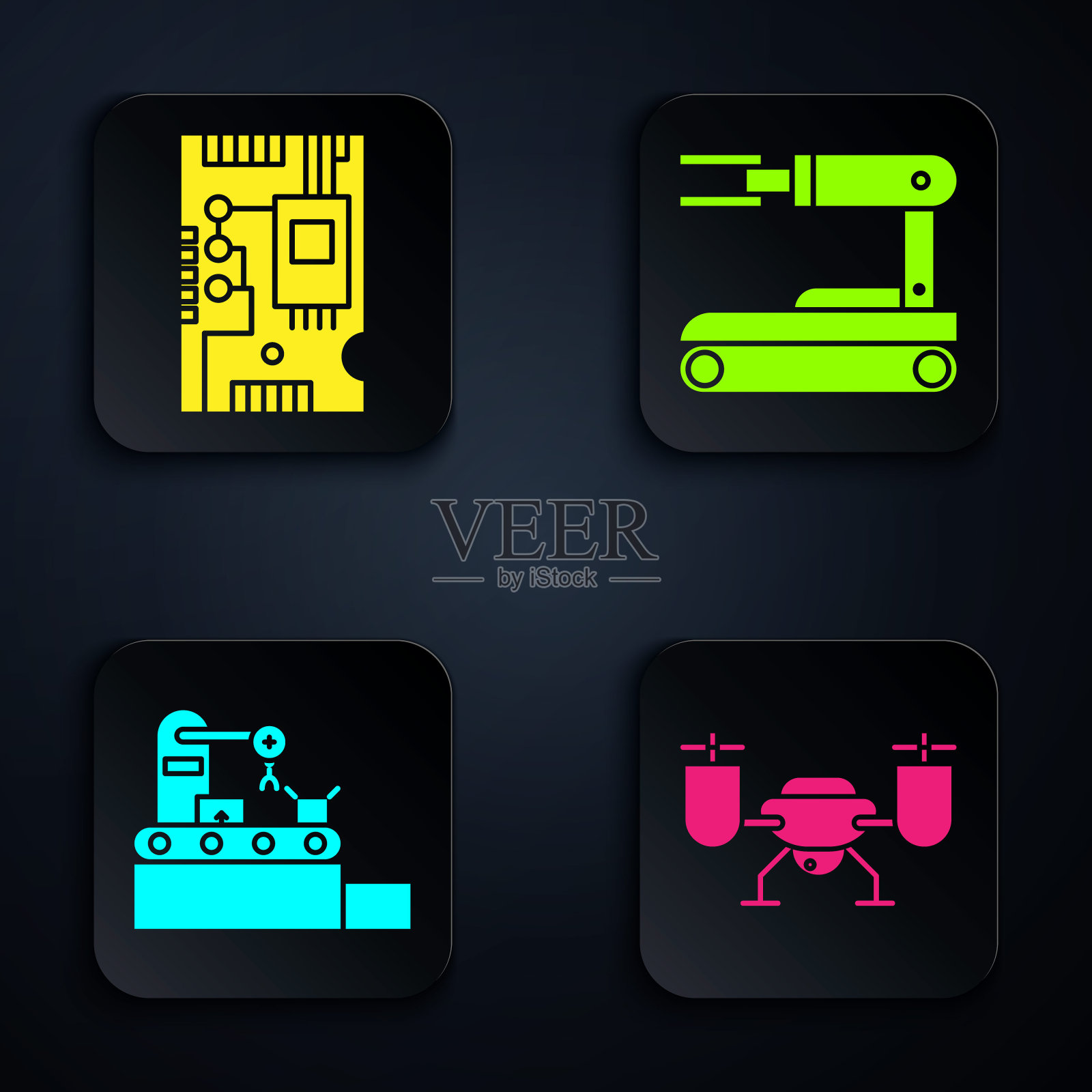 设置无人机飞行与行动摄像头，电子电脑组件主板数字芯片，工厂输送系统带和机器人。黑色方形按钮。向量图标素材