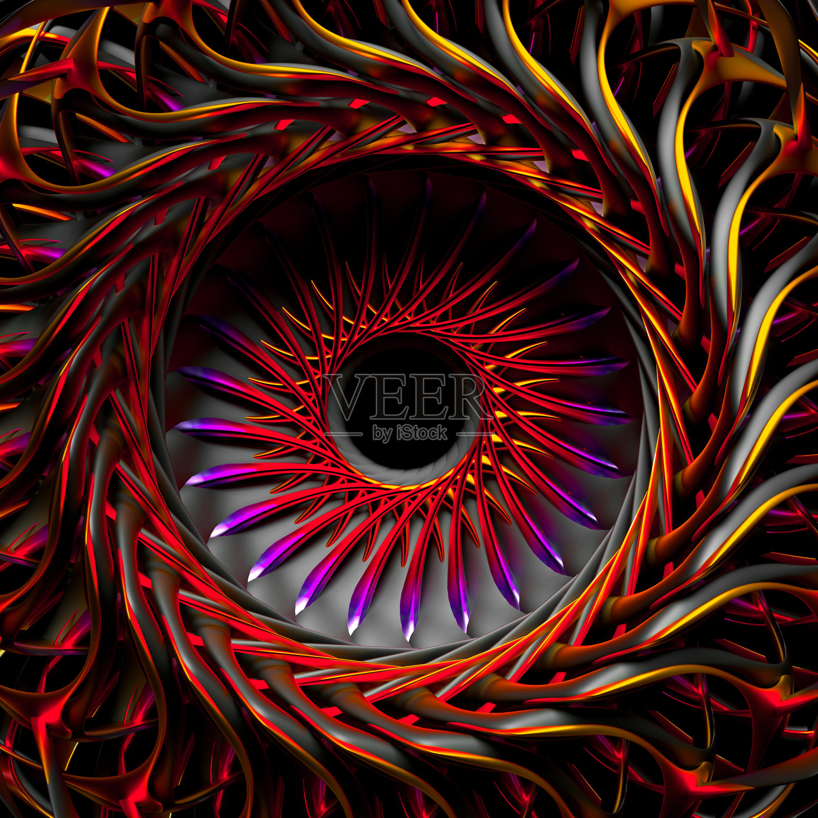 抽象艺术的3d渲染，部分超现实的外星曼荼罗符号或涡轮喷气发动机螺旋曲线分形结构，中心是金属黑洞，橙色、红色和紫色照片摄影图片