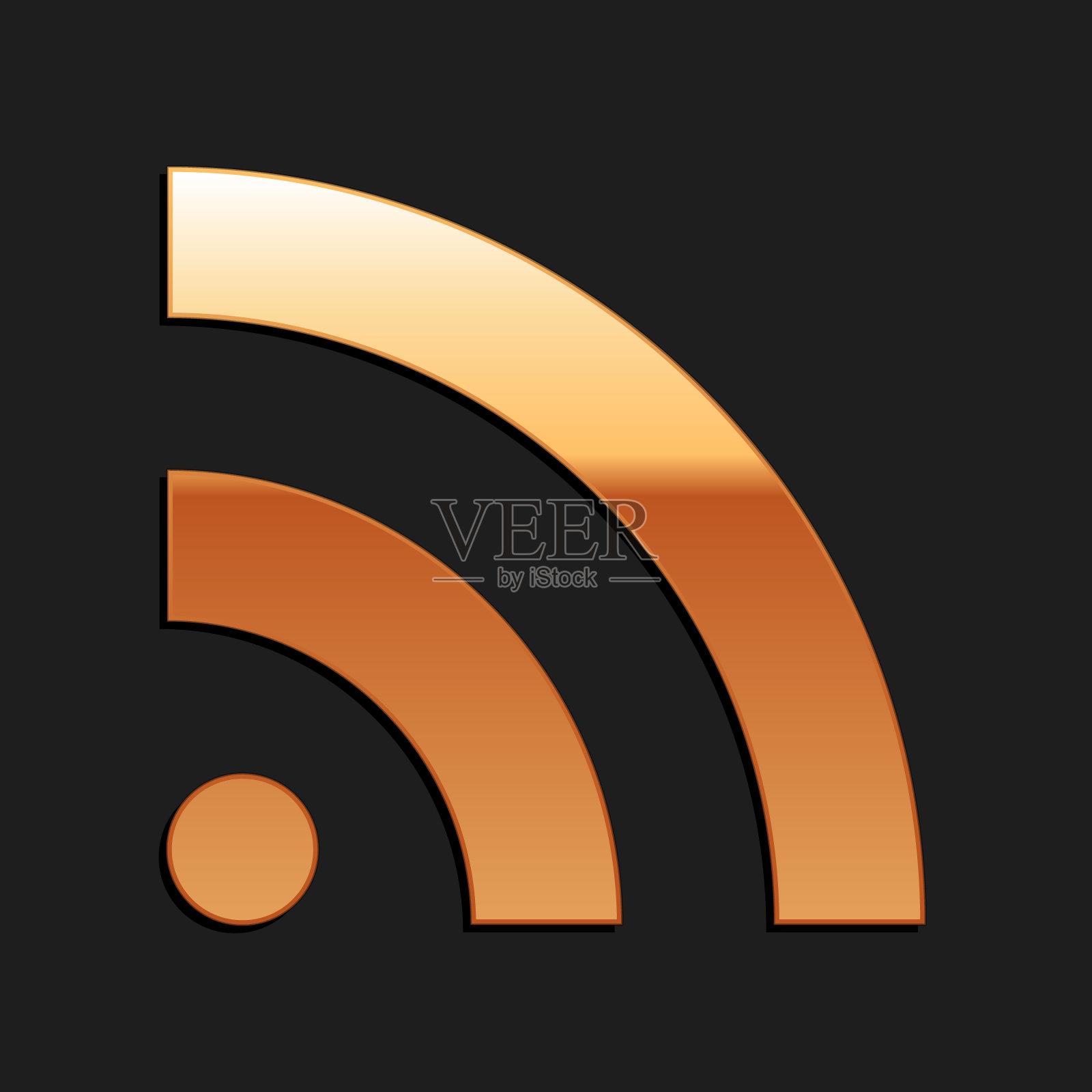 金色RSS图标孤立在黑色背景。无线电信号。RSS提要的象征。长长的阴影风格。向量插画图片素材