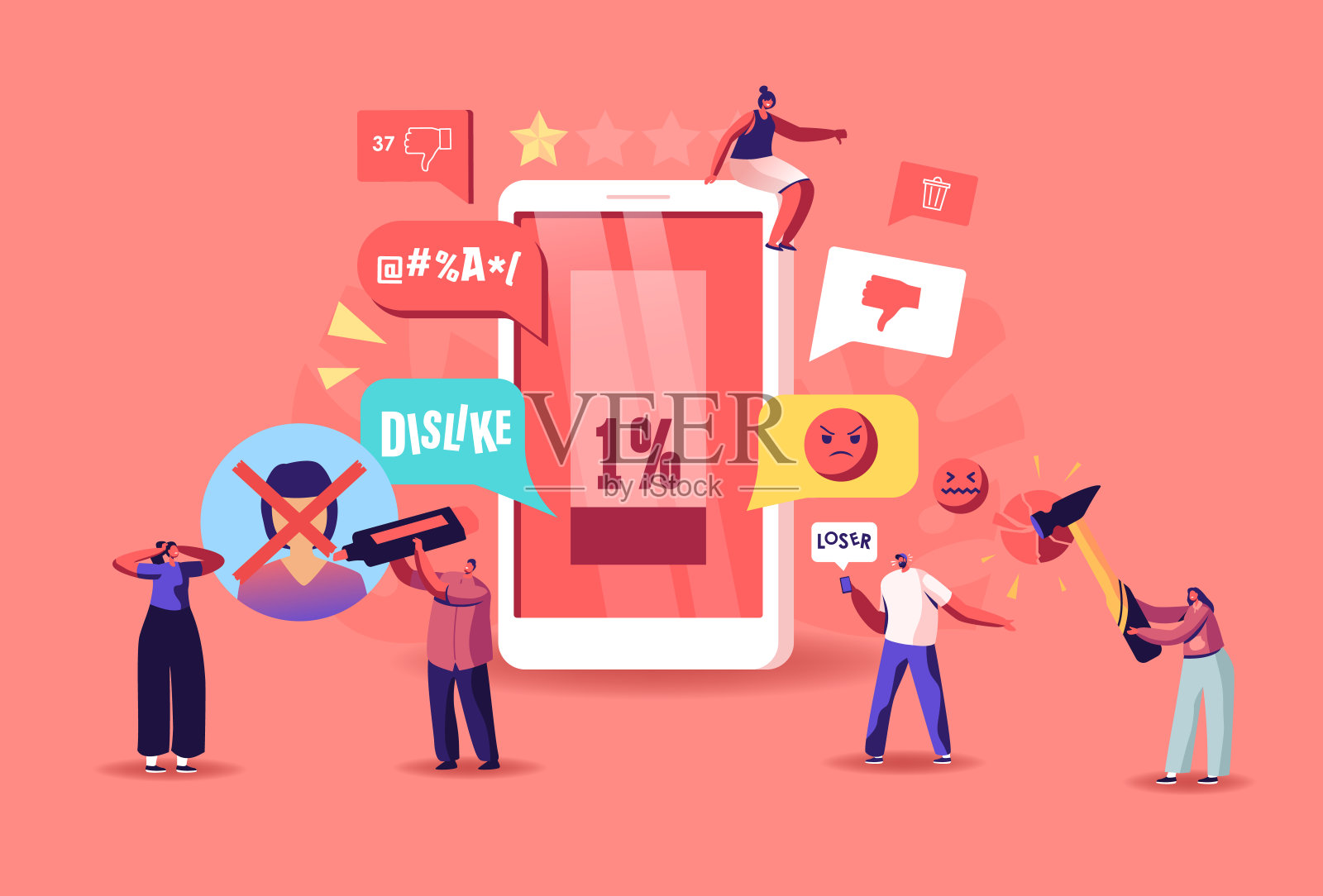 网络批评，社交网络骚扰概念。在智能手机中骚扰、威胁受害者的角色插画图片素材