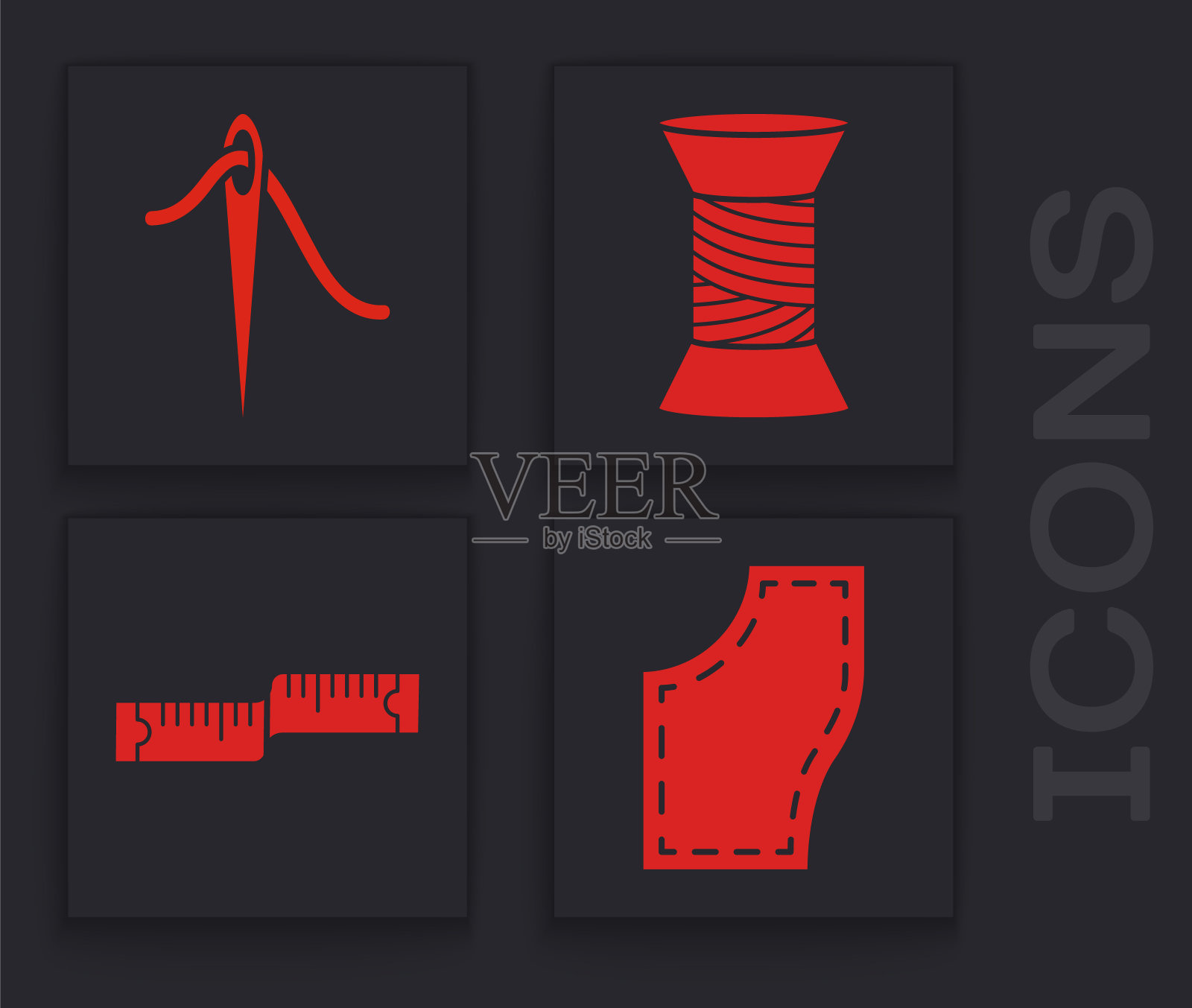 设置缝纫模式，针缝线，缝纫线在线轴和卷尺图标。向量图标素材
