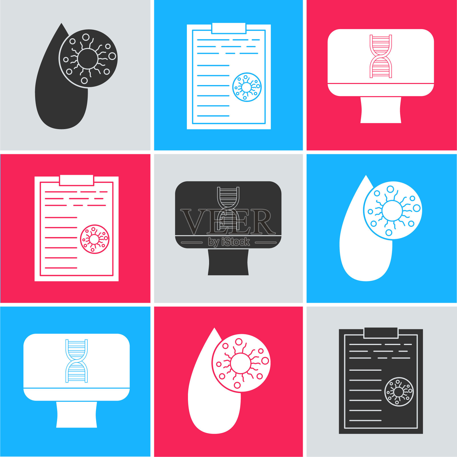 设置血液测试和病毒，剪贴板血液测试结果和DNA螺旋和计算机图标。向量插画图片素材