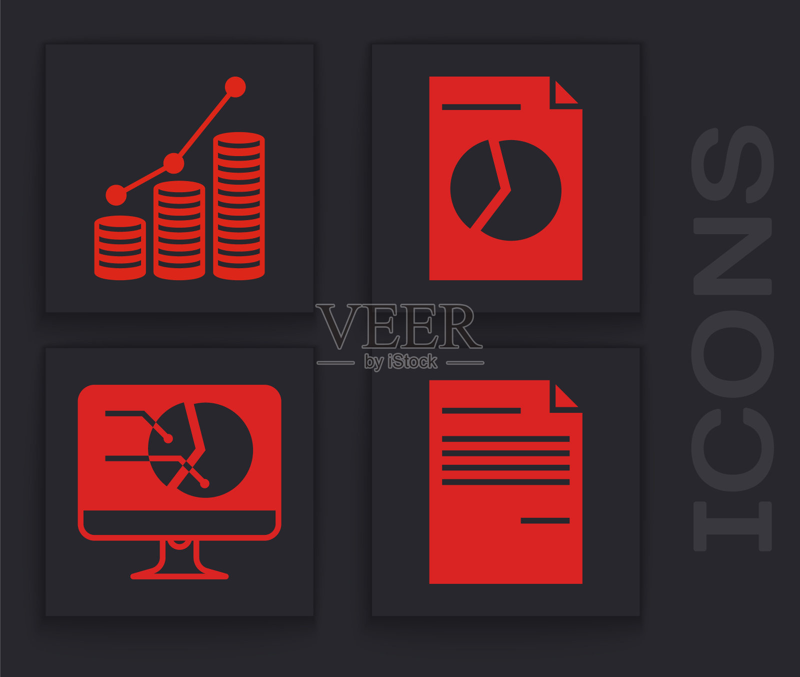 设置文件，饼图信息图和硬币，文件与图形图表和计算机显示器与图形图表图标。向量图标素材