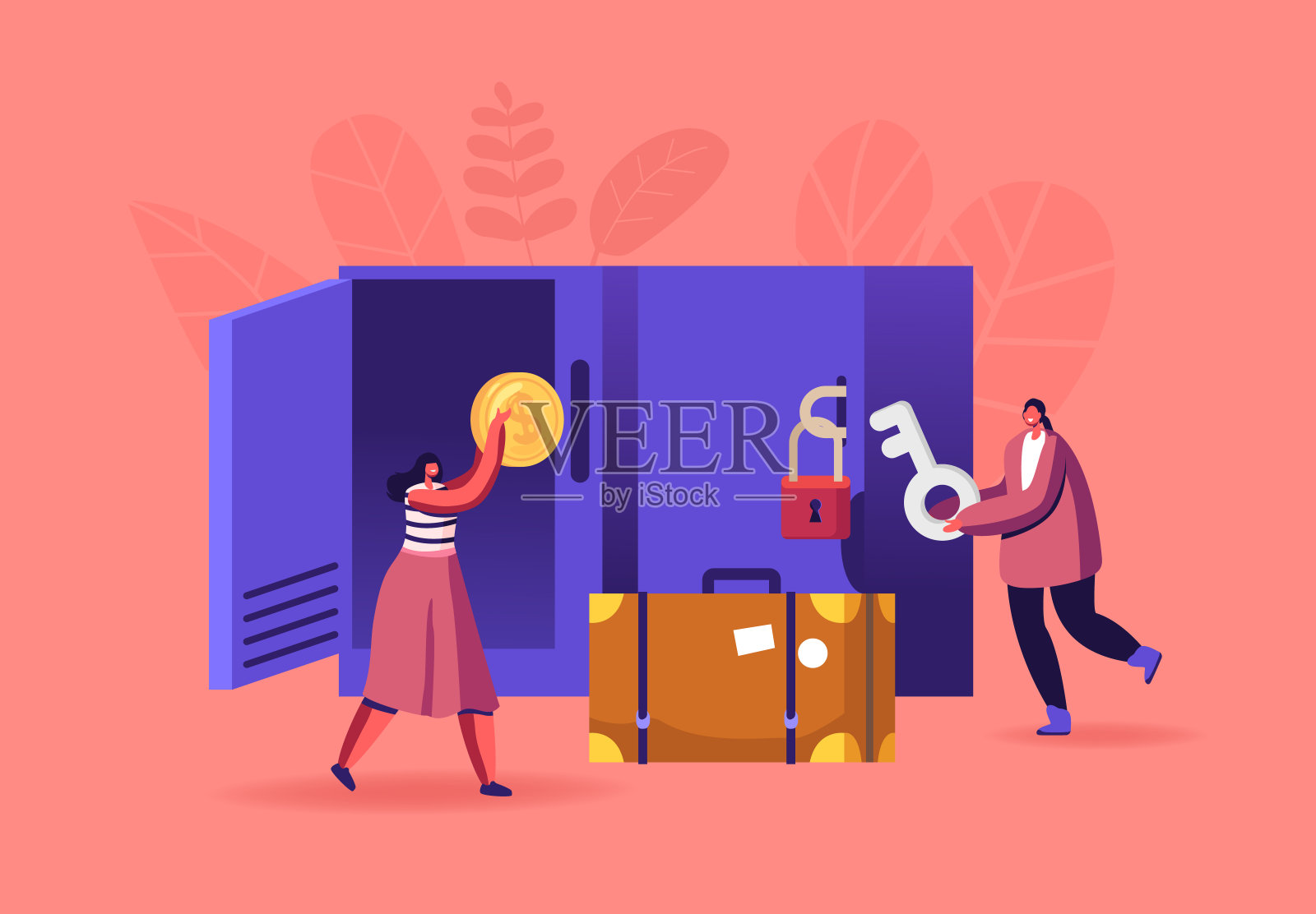 行李寄存处的人。小女性角色使用行李保管服务把袋子放进付费储物柜，金属盒子插画图片素材