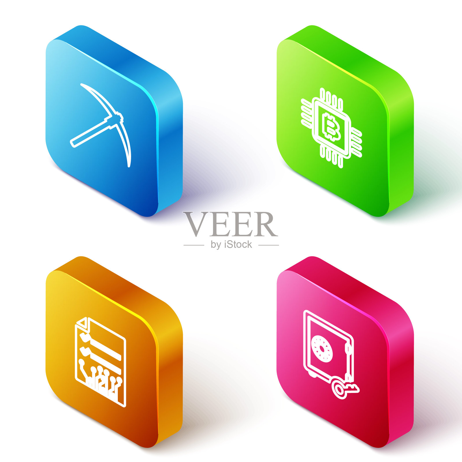 设置等距线鹤嘴锄，CPU采矿场，智能合约和权益证明图标。向量图标素材