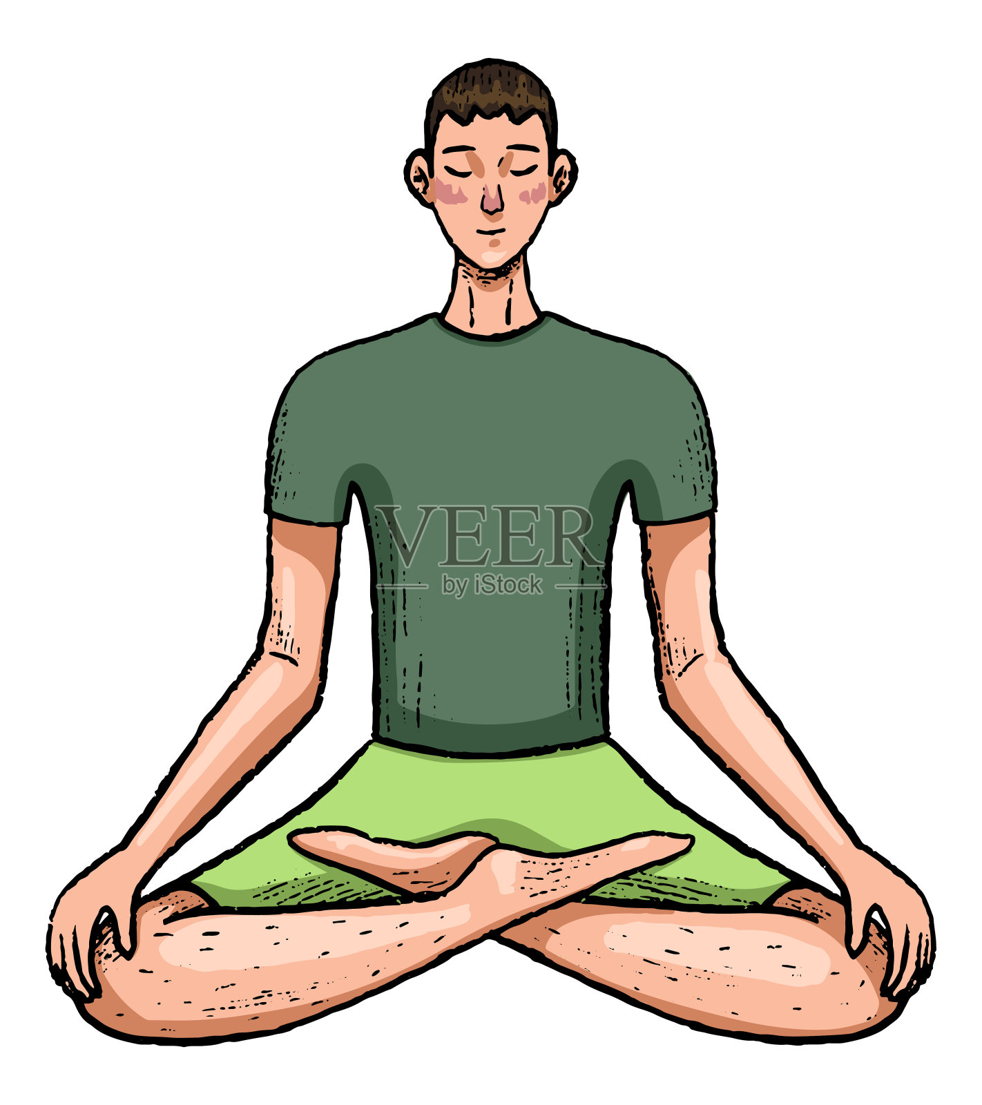 年轻漂亮的男人坐在瑜伽莲花姿势。冥想、活动、健康生活理念。手绘矢量插图在简单，涂鸦风格。彩色卡通图画孤立在白色。插画图片素材