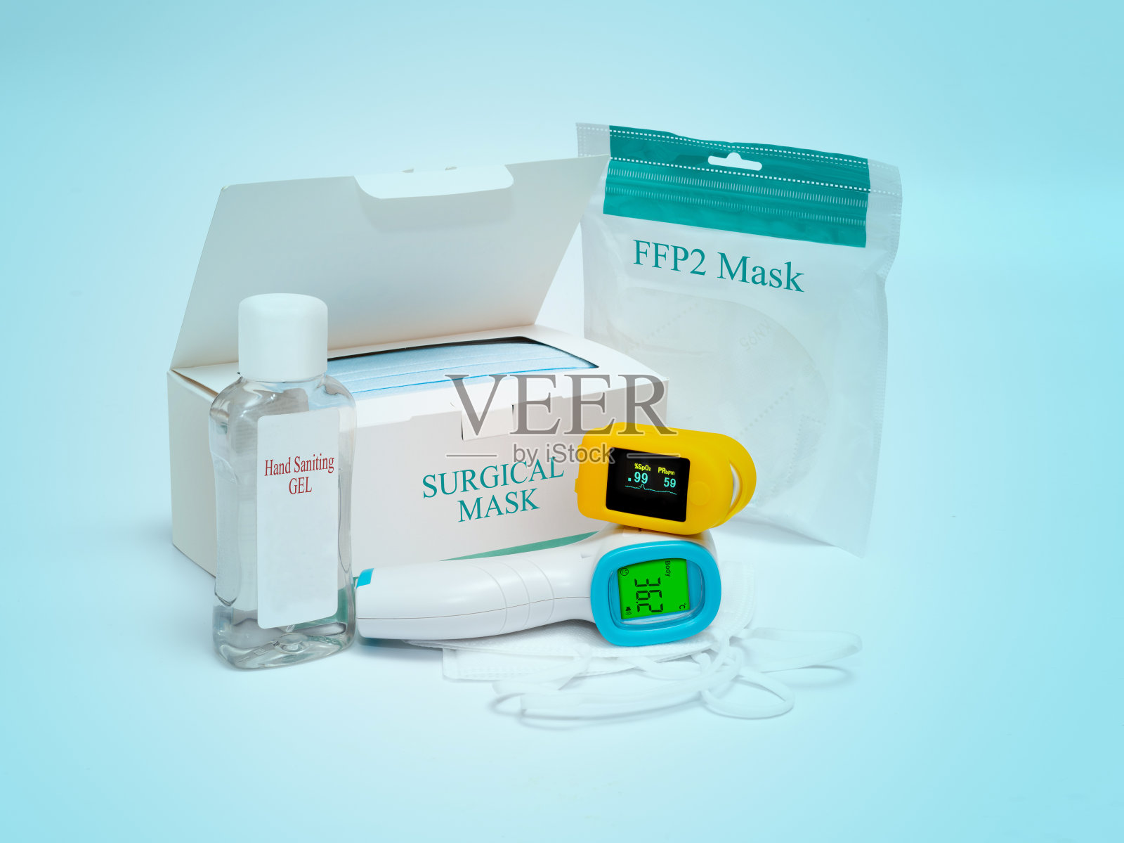 个人防护用品、口罩、血氧计、热扫描仪。消毒凝胶照片摄影图片