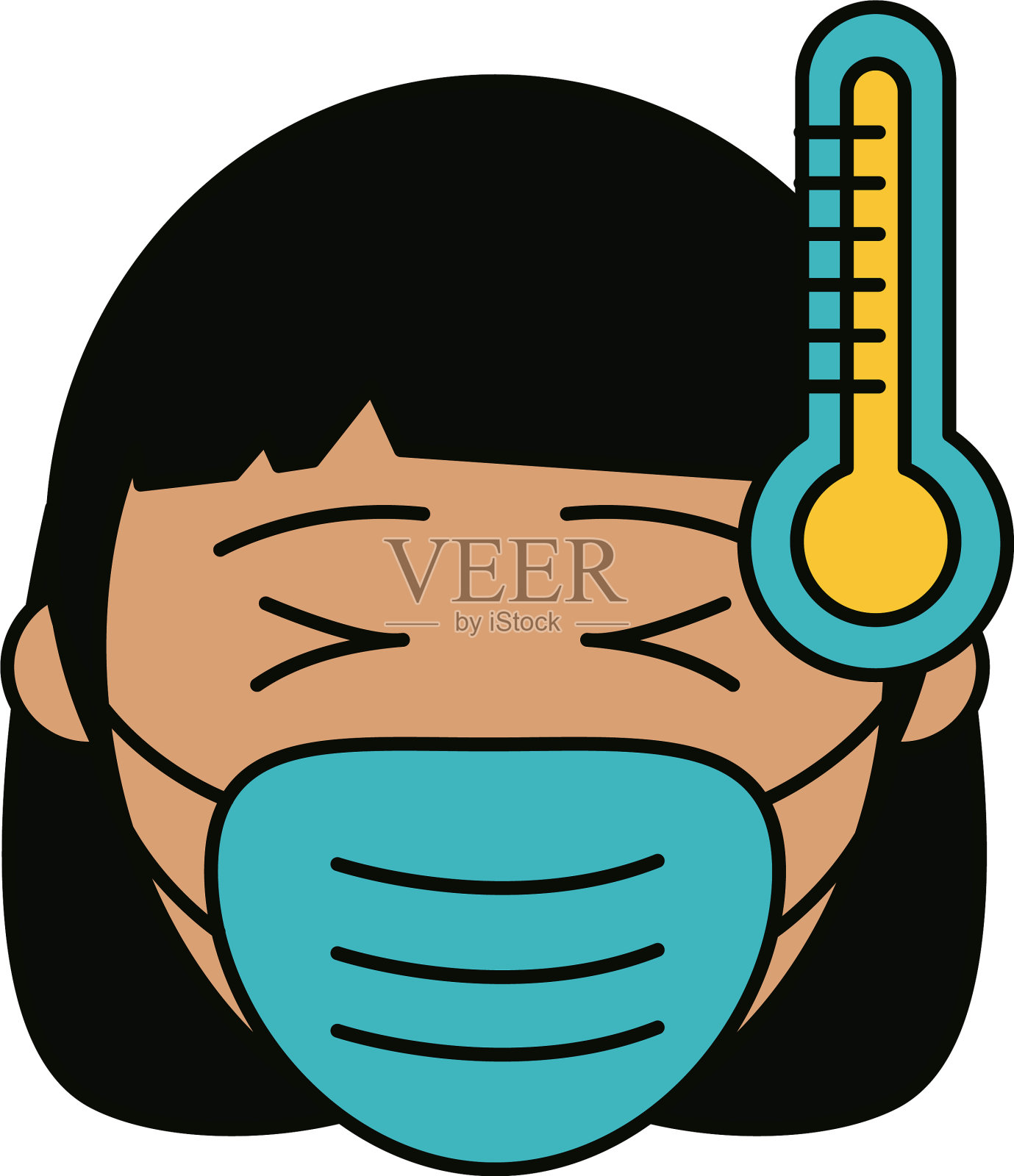 冠状病毒感染的妇女戴口罩和发热设计元素图片