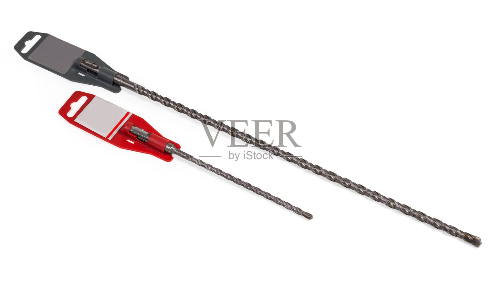 塑料支架标签上不同尺寸的长砌体钻头照片摄影图片