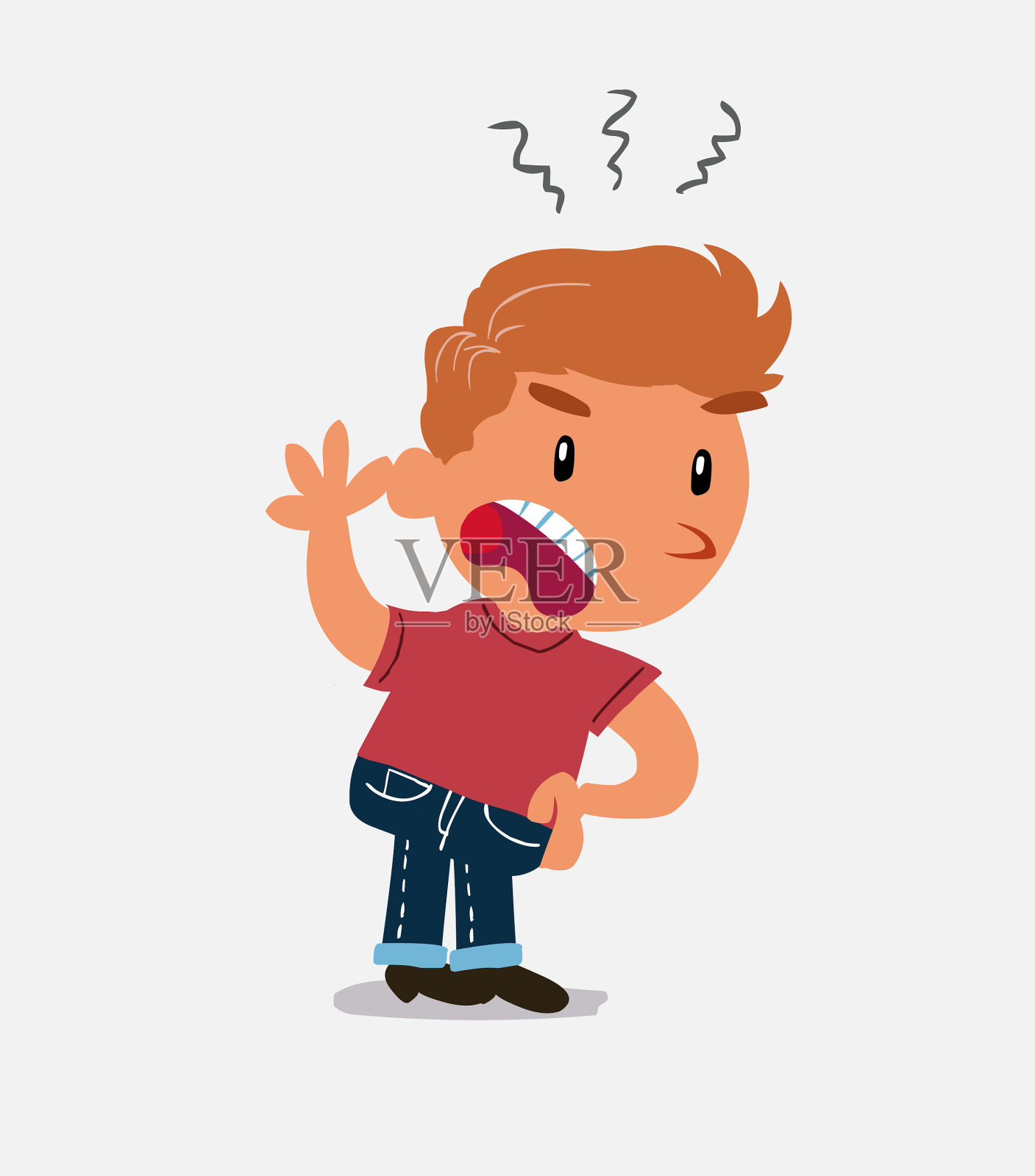 牛仔裤上愤怒的卡通人物小男孩热烈地握着他的手插画图片素材